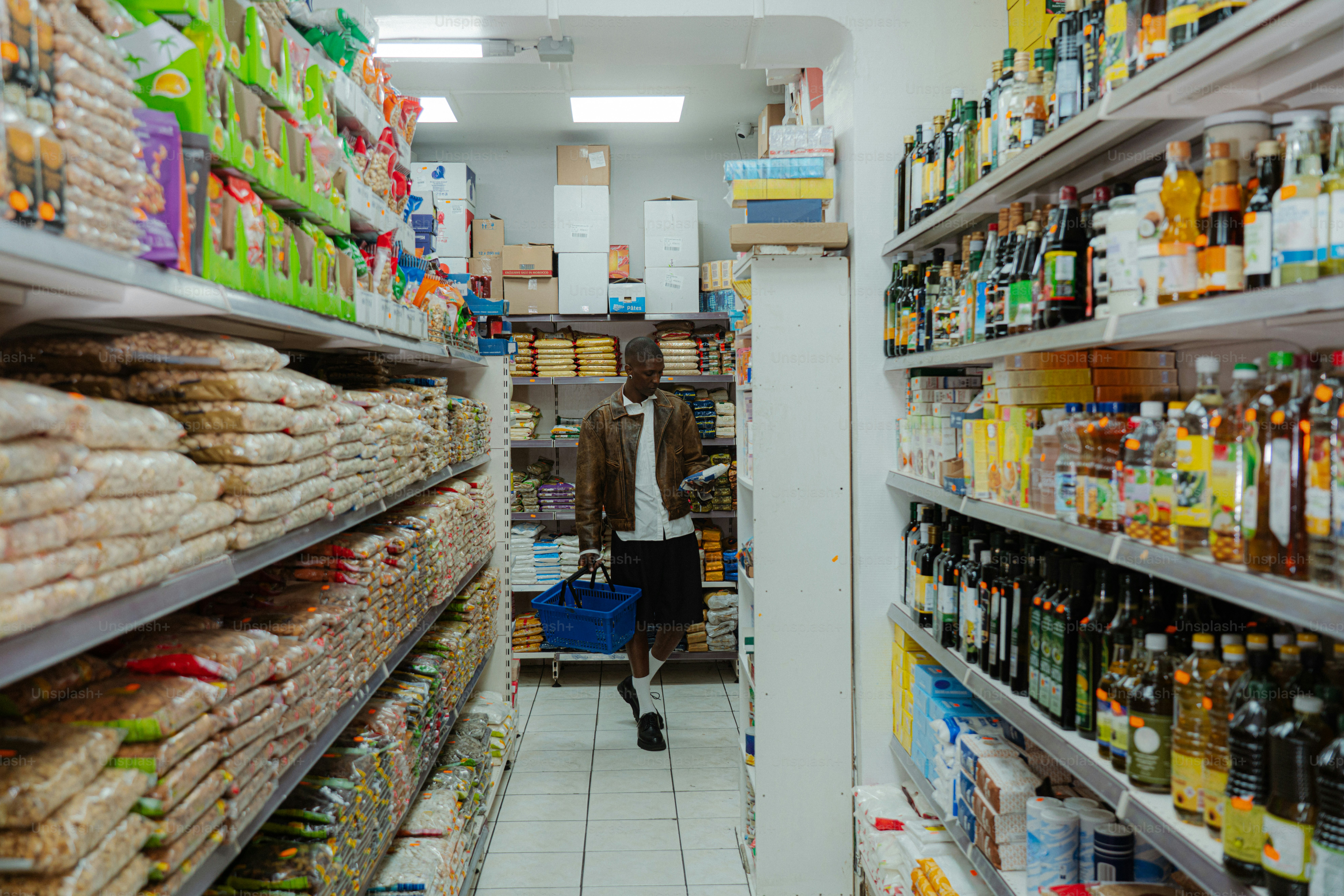 Man walks down grocery store aisle with basket