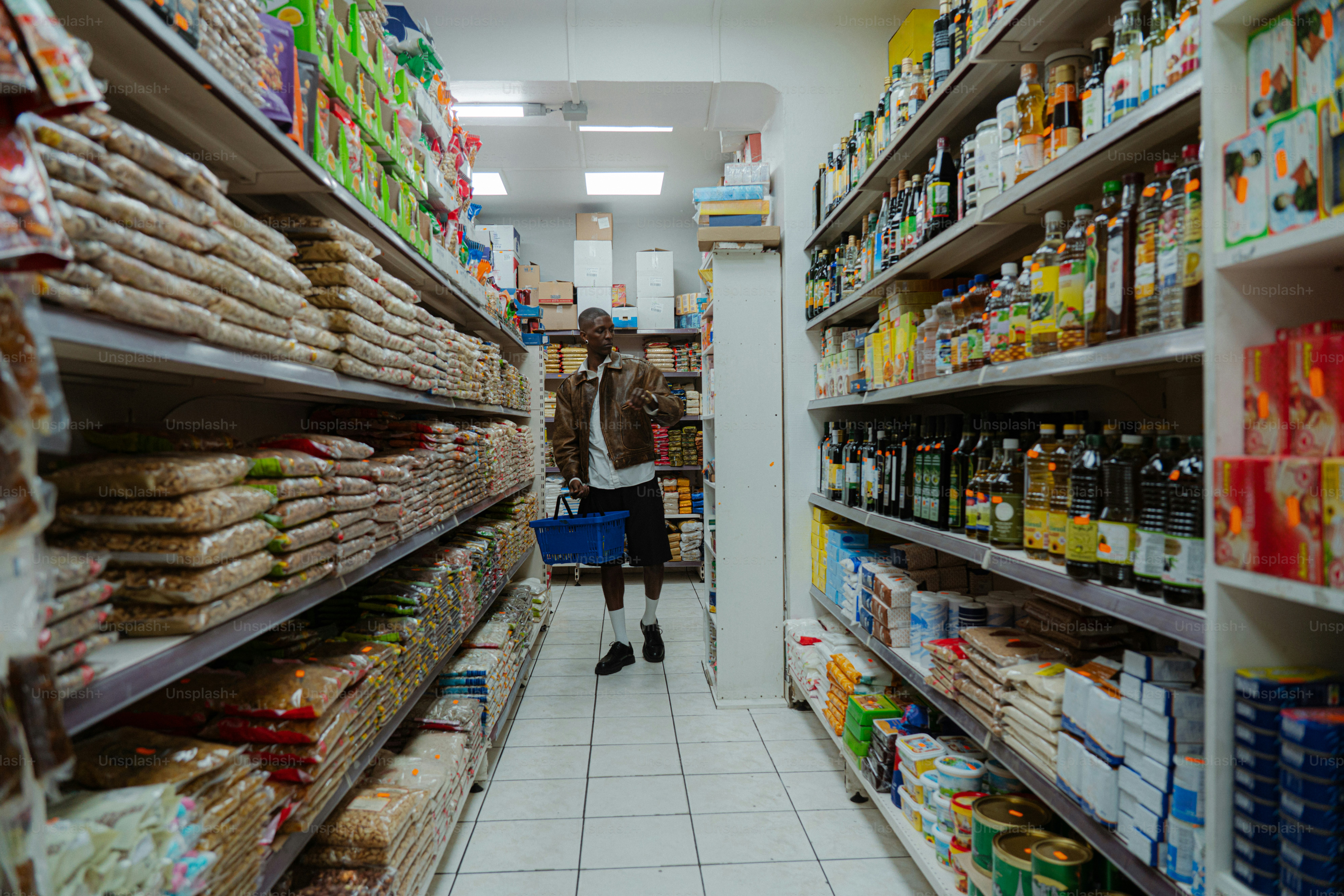 Man shopping in a grocery store aisle.