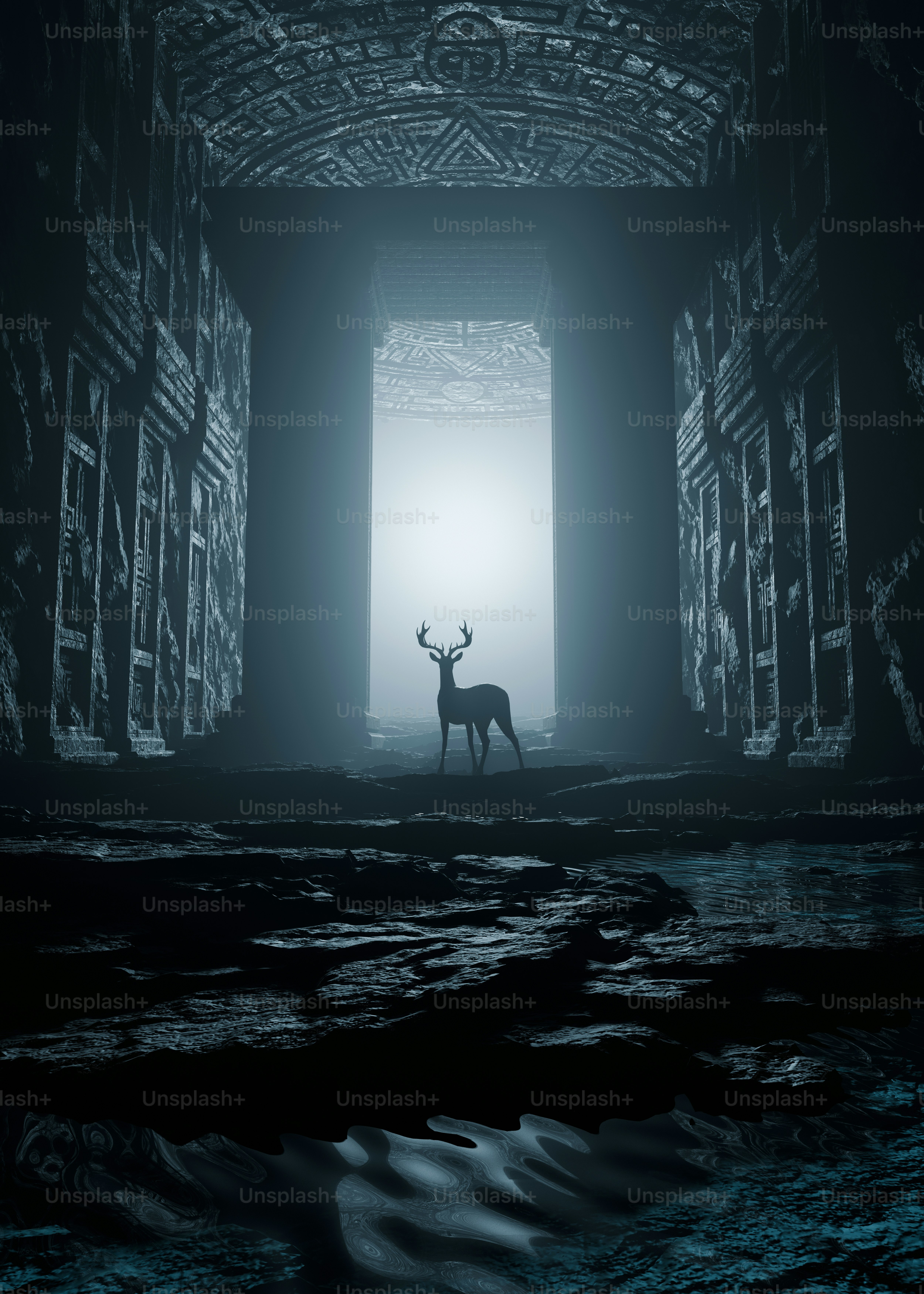 暗い古代の石造りの出入り口に鹿が立っています。