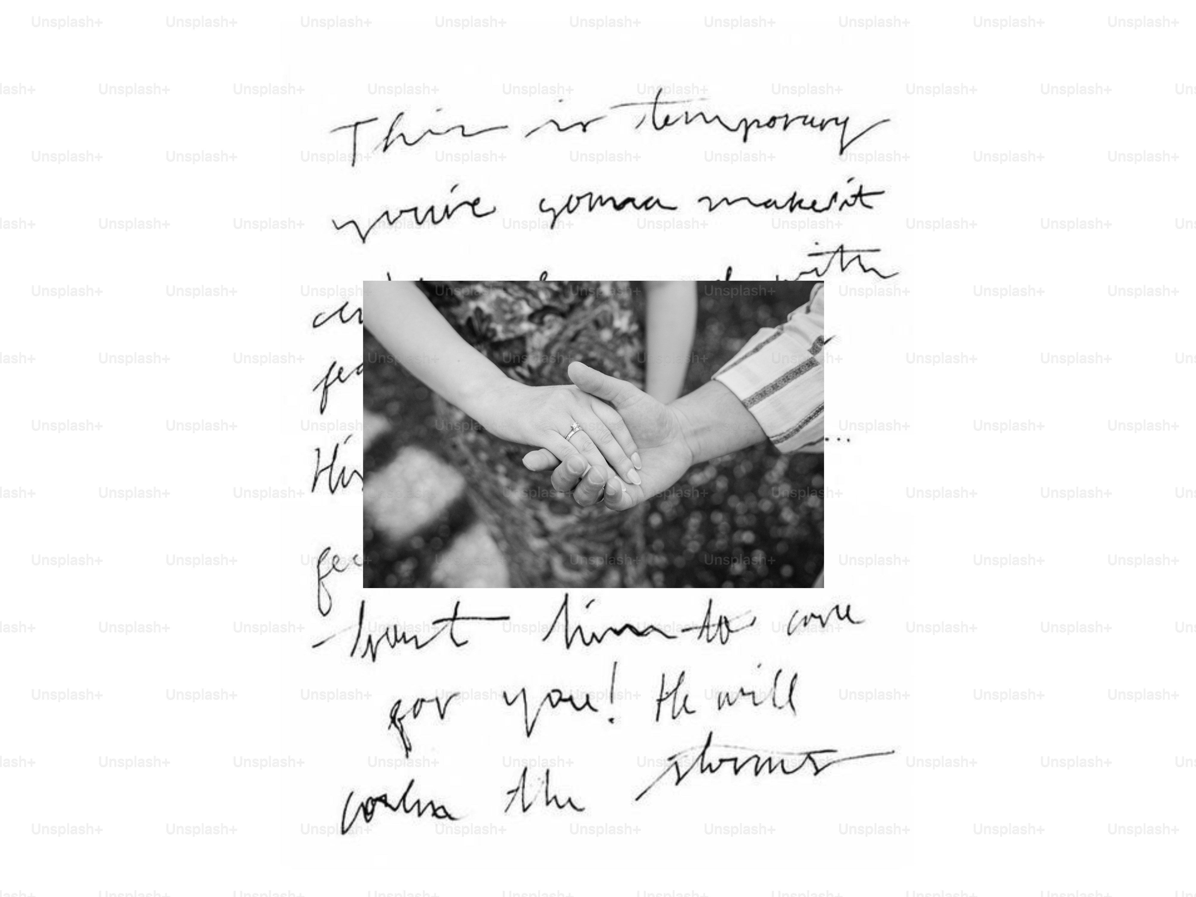 Two hands clasped together with handwritten text.