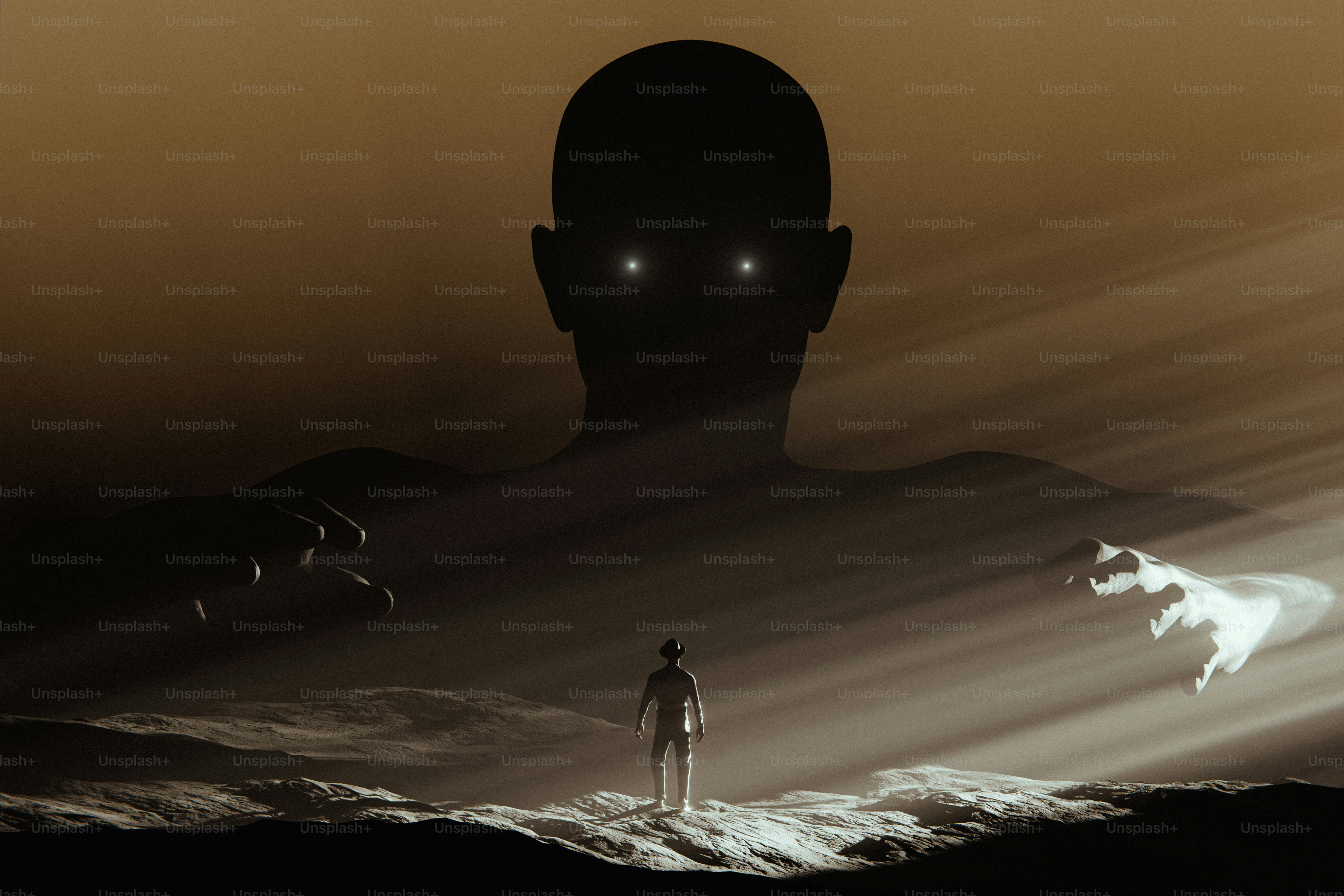 Giant silhouette with glowing eyes looms over tiny figure