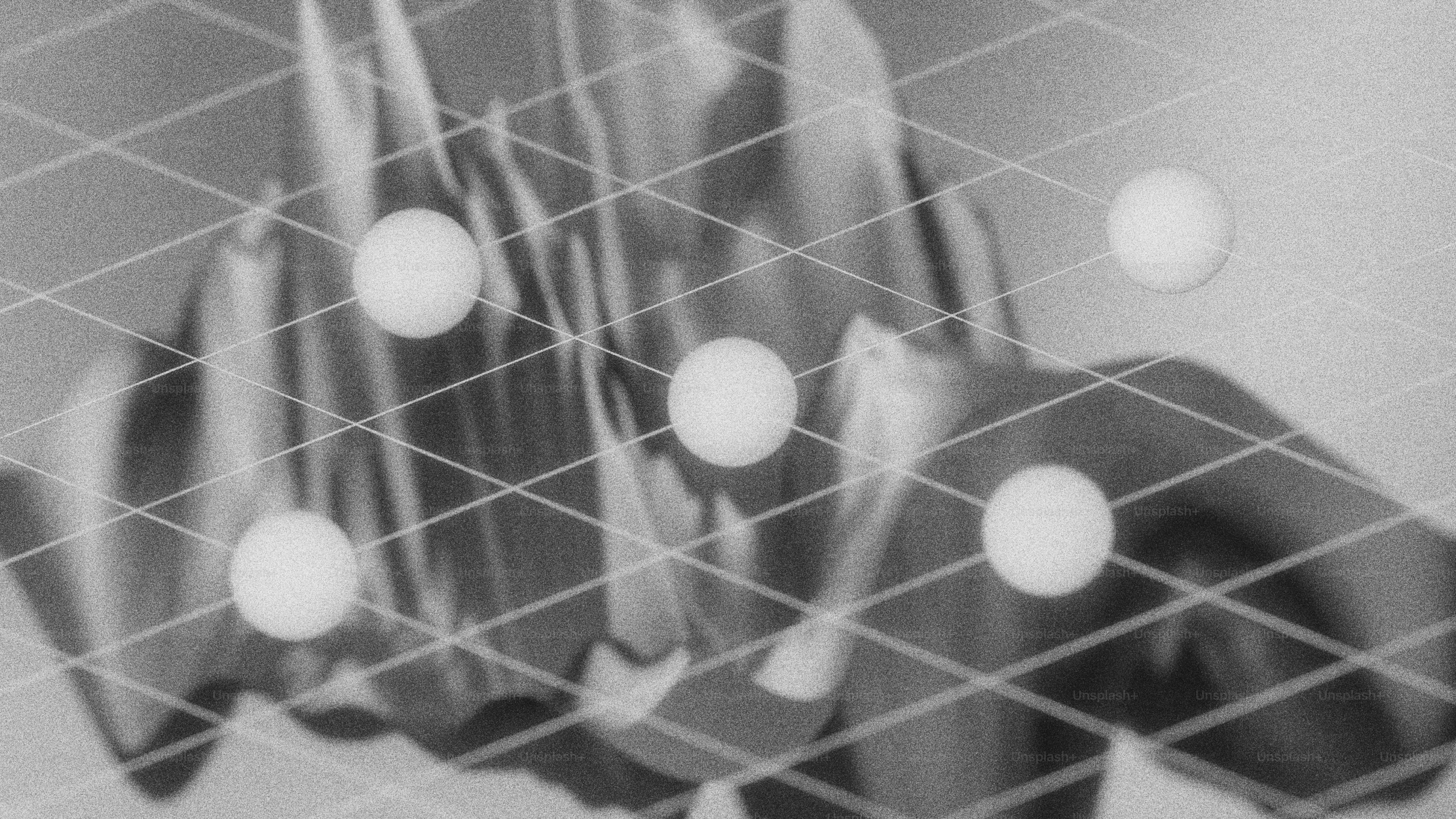 Abstract grid with floating spheres and wavy background