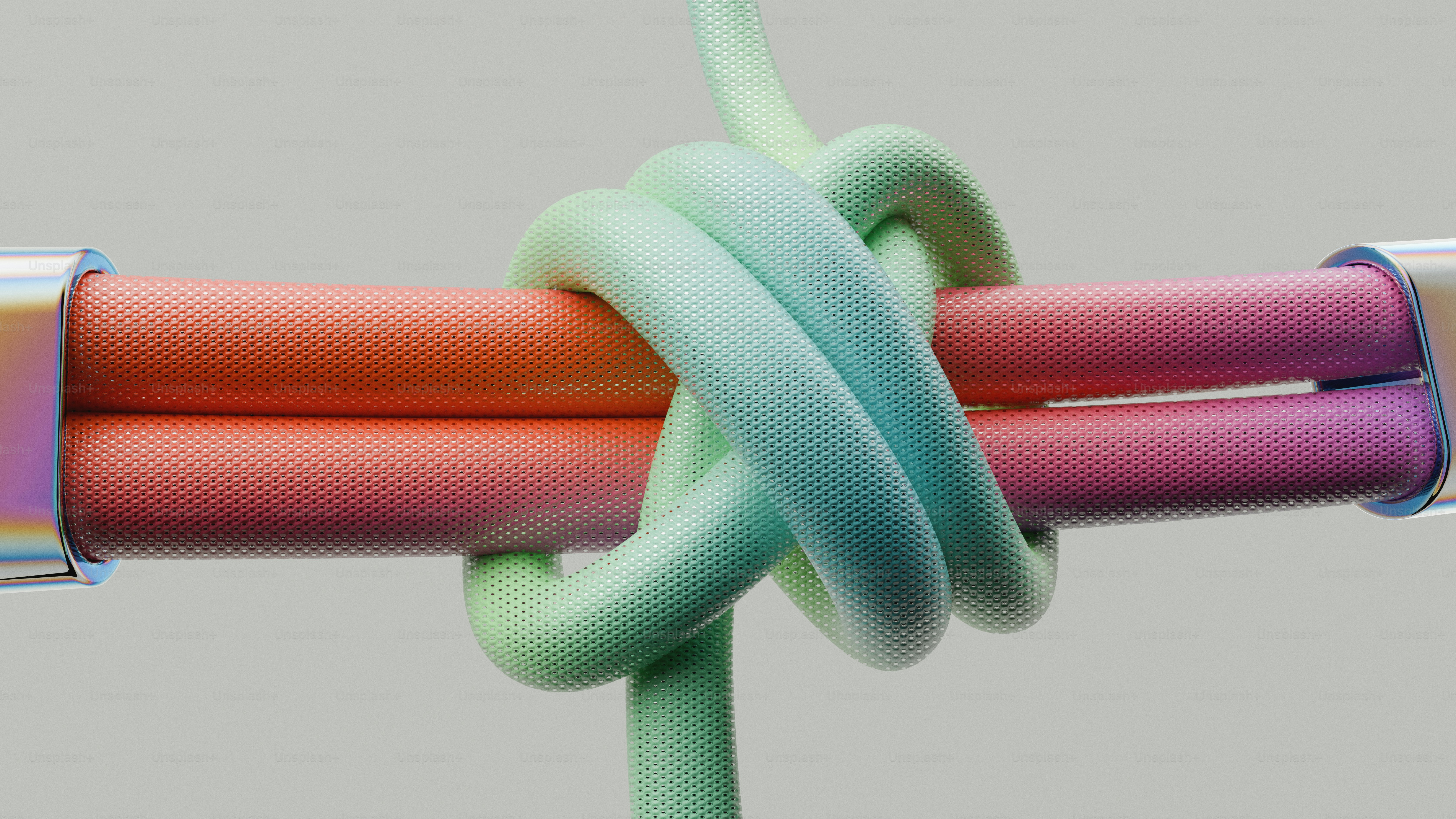 Two colorful tubes tied together with a green rope