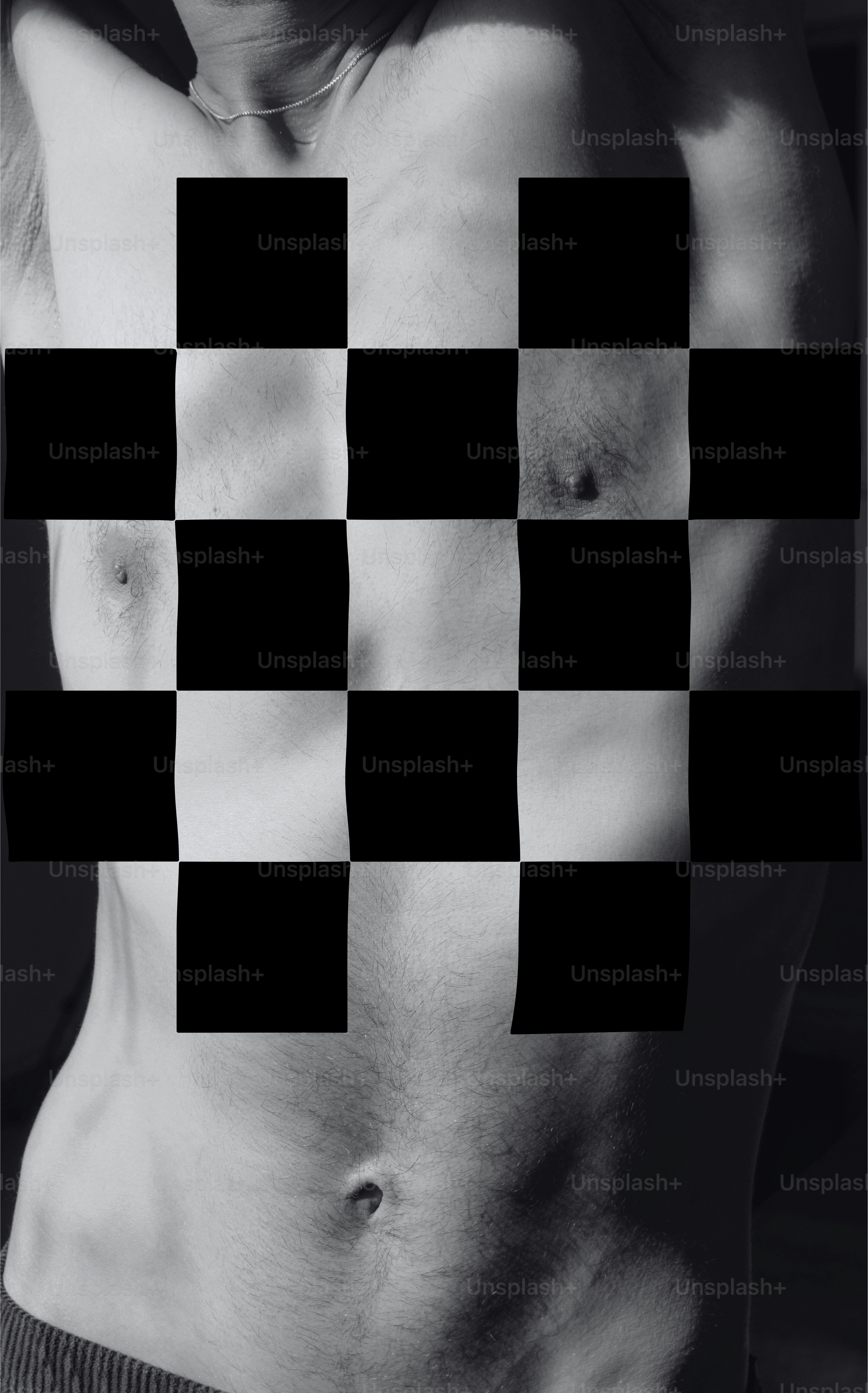 Black and white torso with checkerboard pattern.