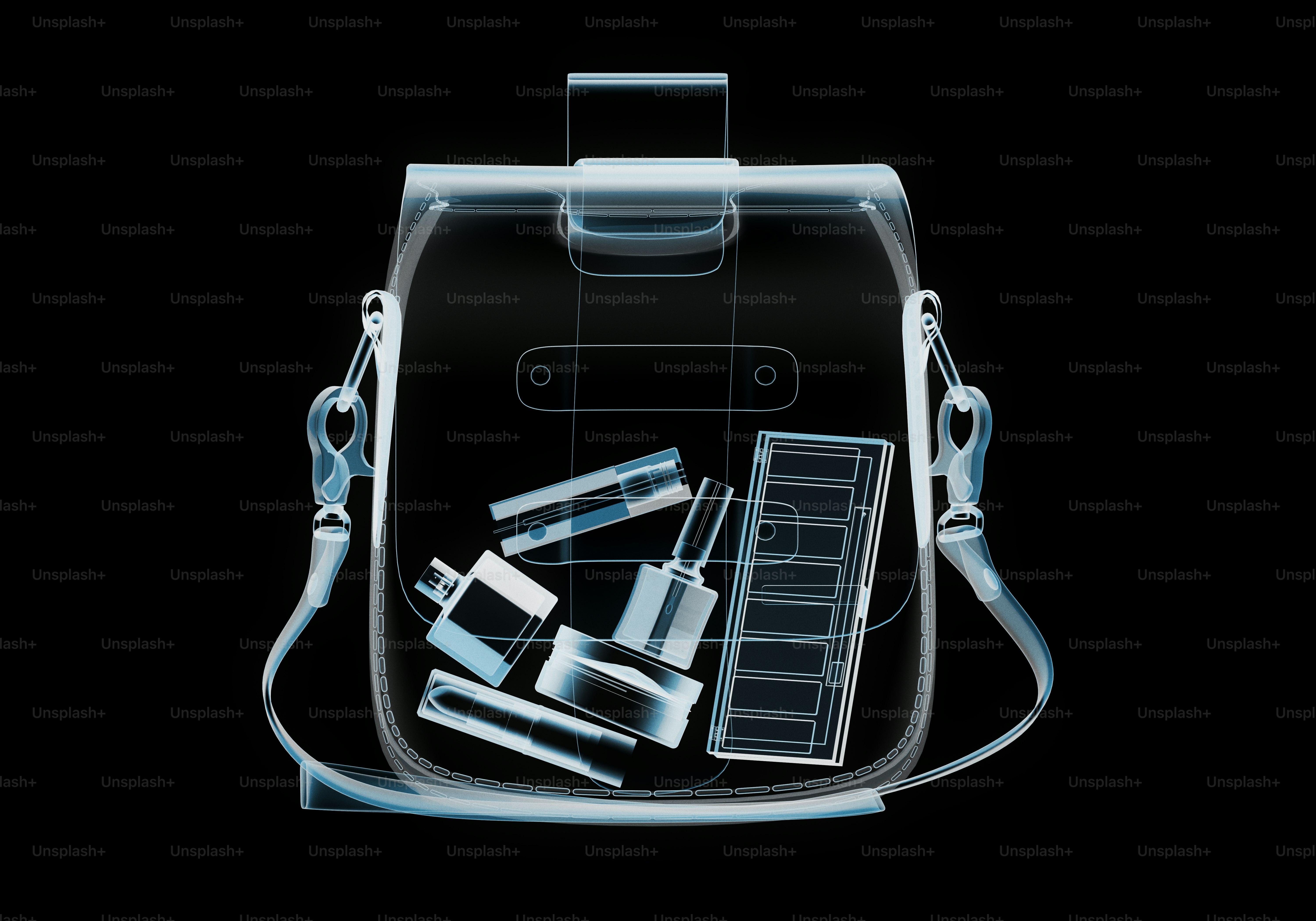 X-ray of a bag with makeup and toiletries inside