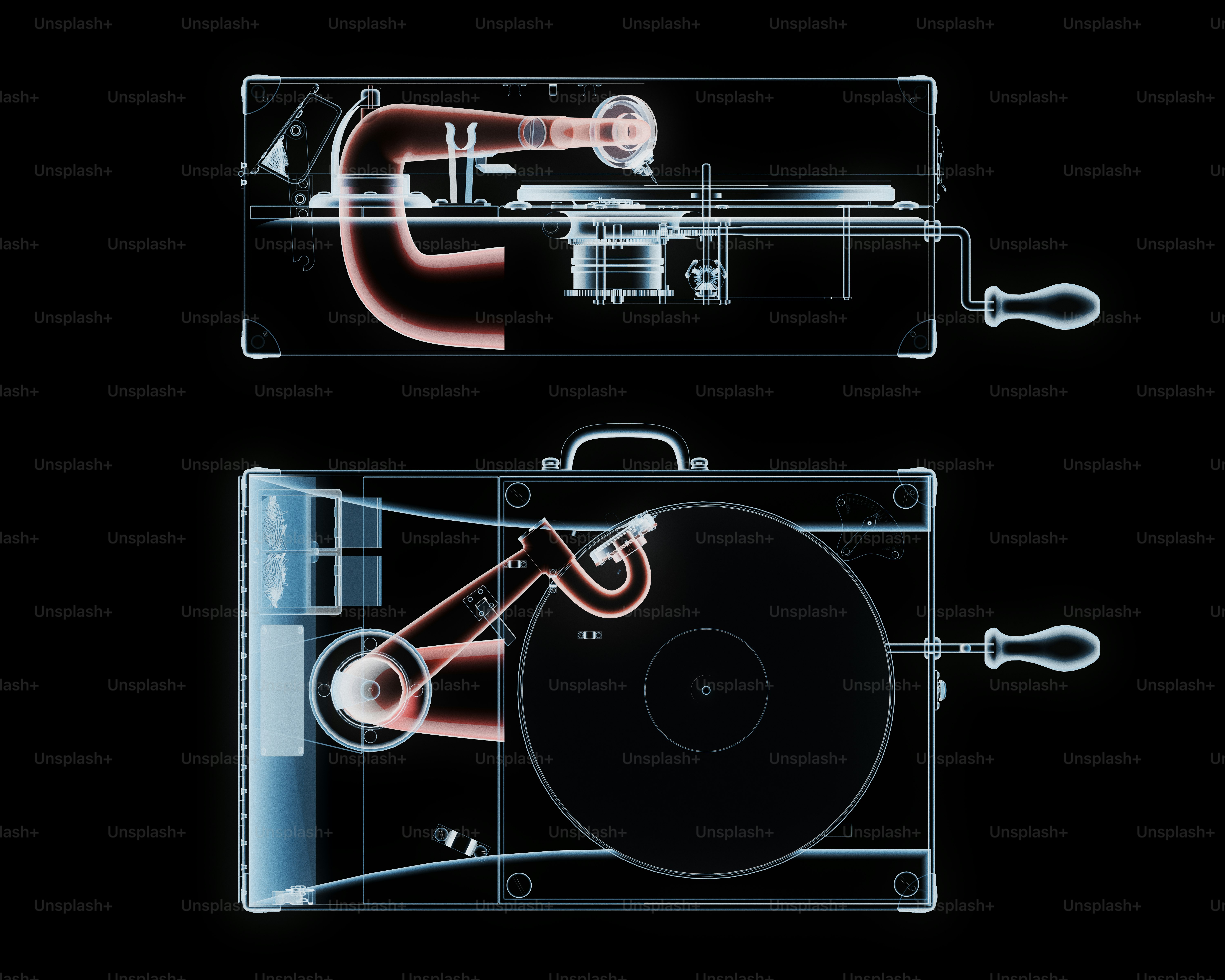Röntgenbild eines Vintage-Plattenspielers und seiner Komponenten.