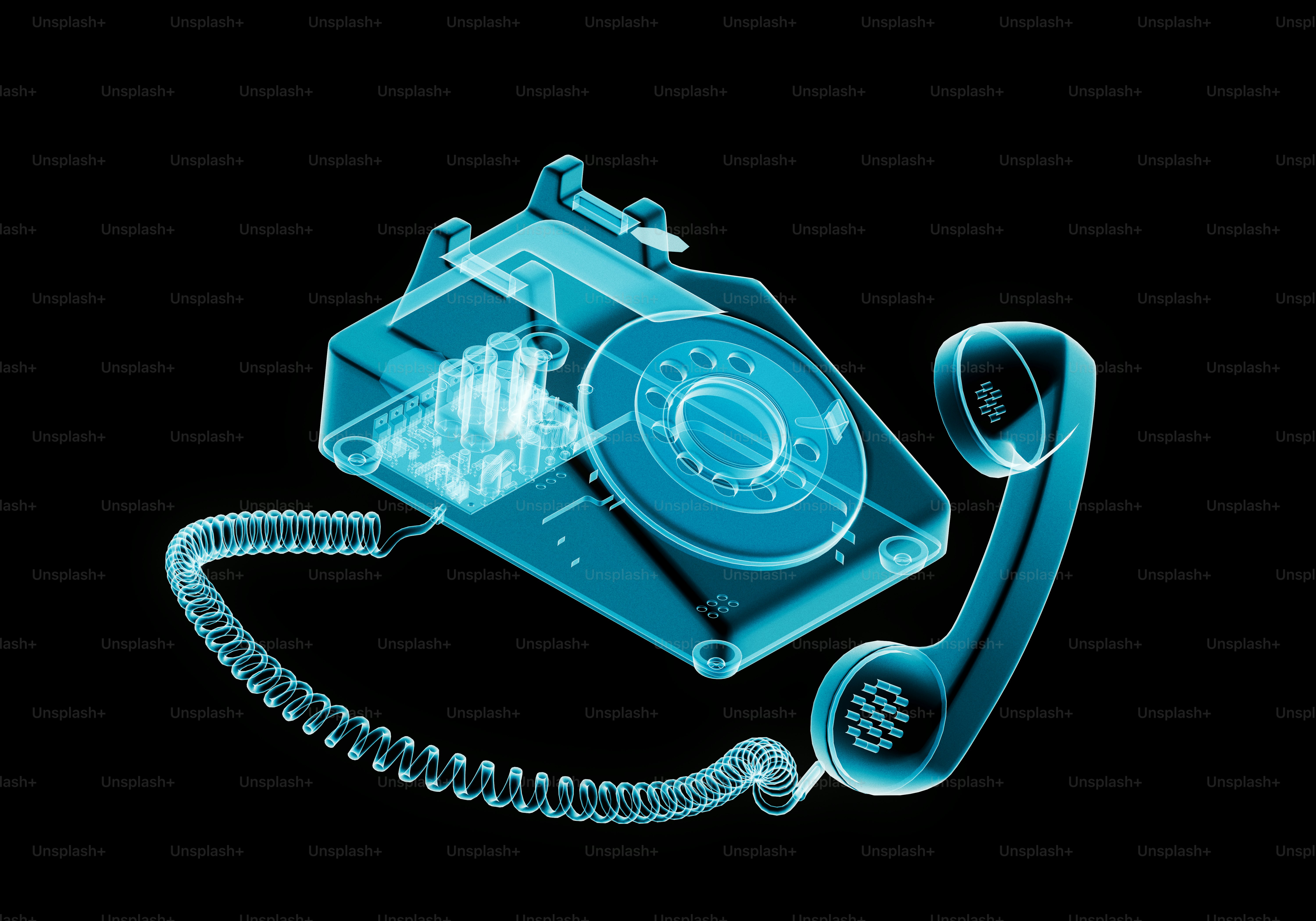 X-ray of a rotary telephone with handset off-hook handset