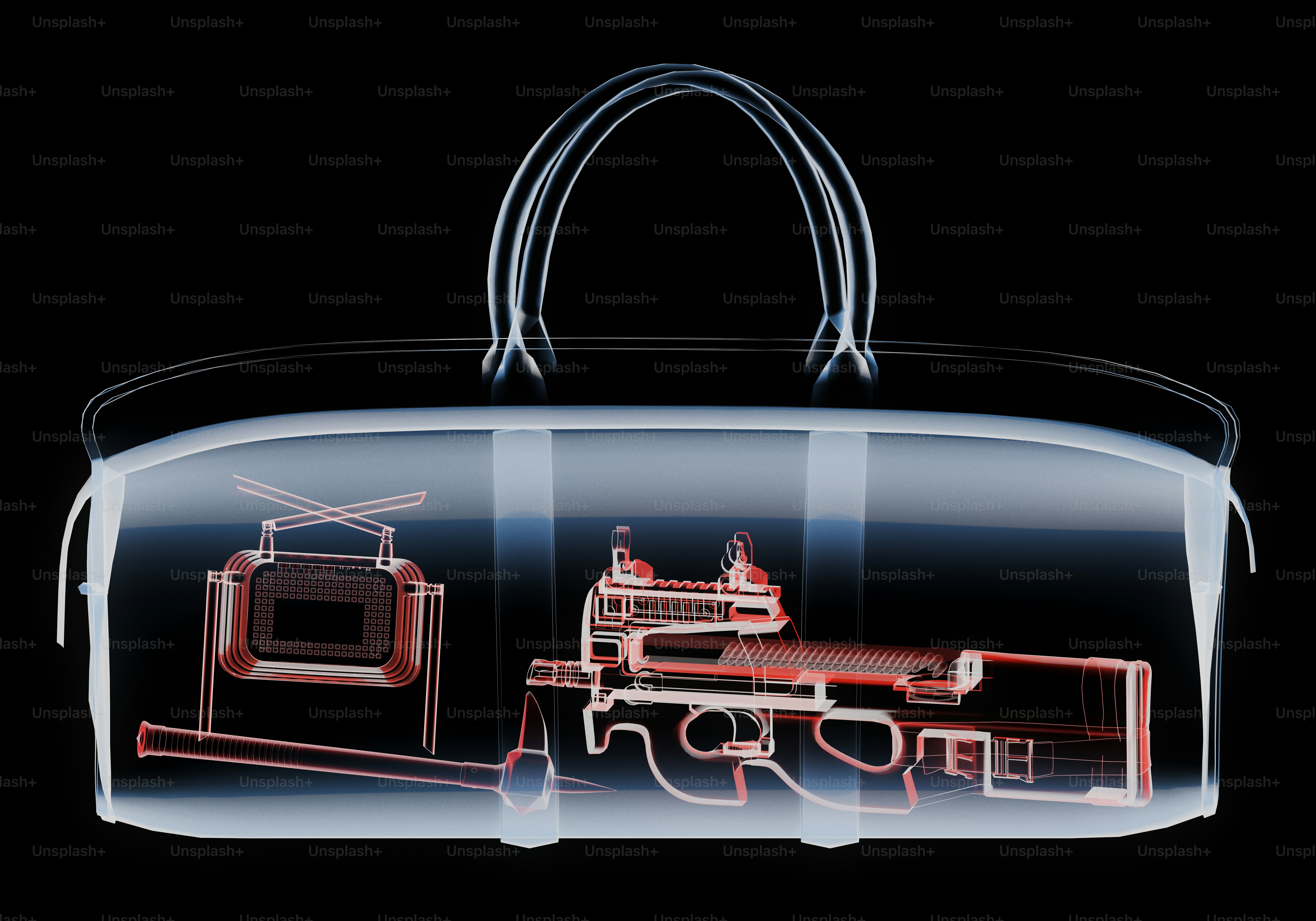 X-ray of a handbag with a rifle and items