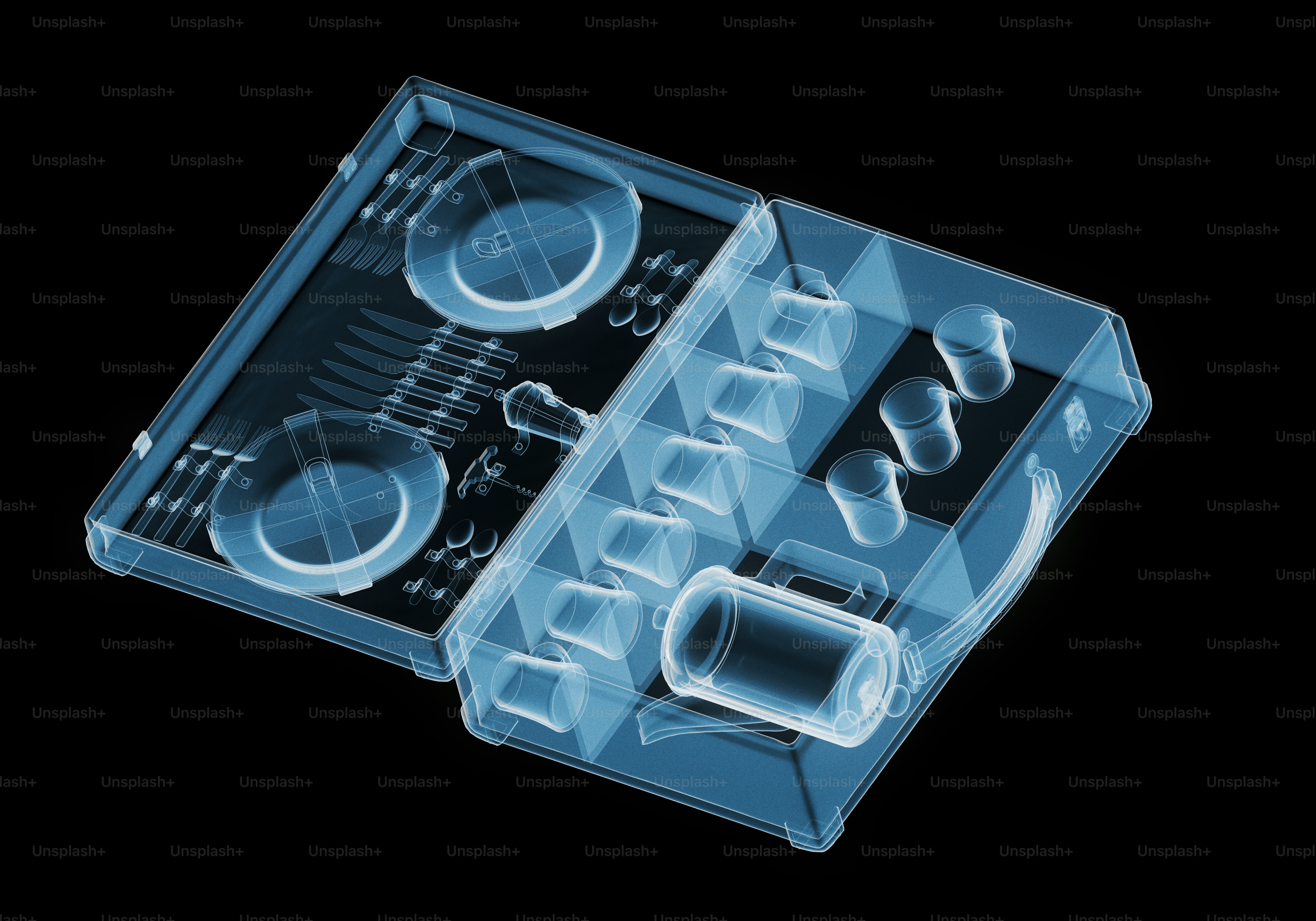 X-ray of a picnic basket with dishes and glasses