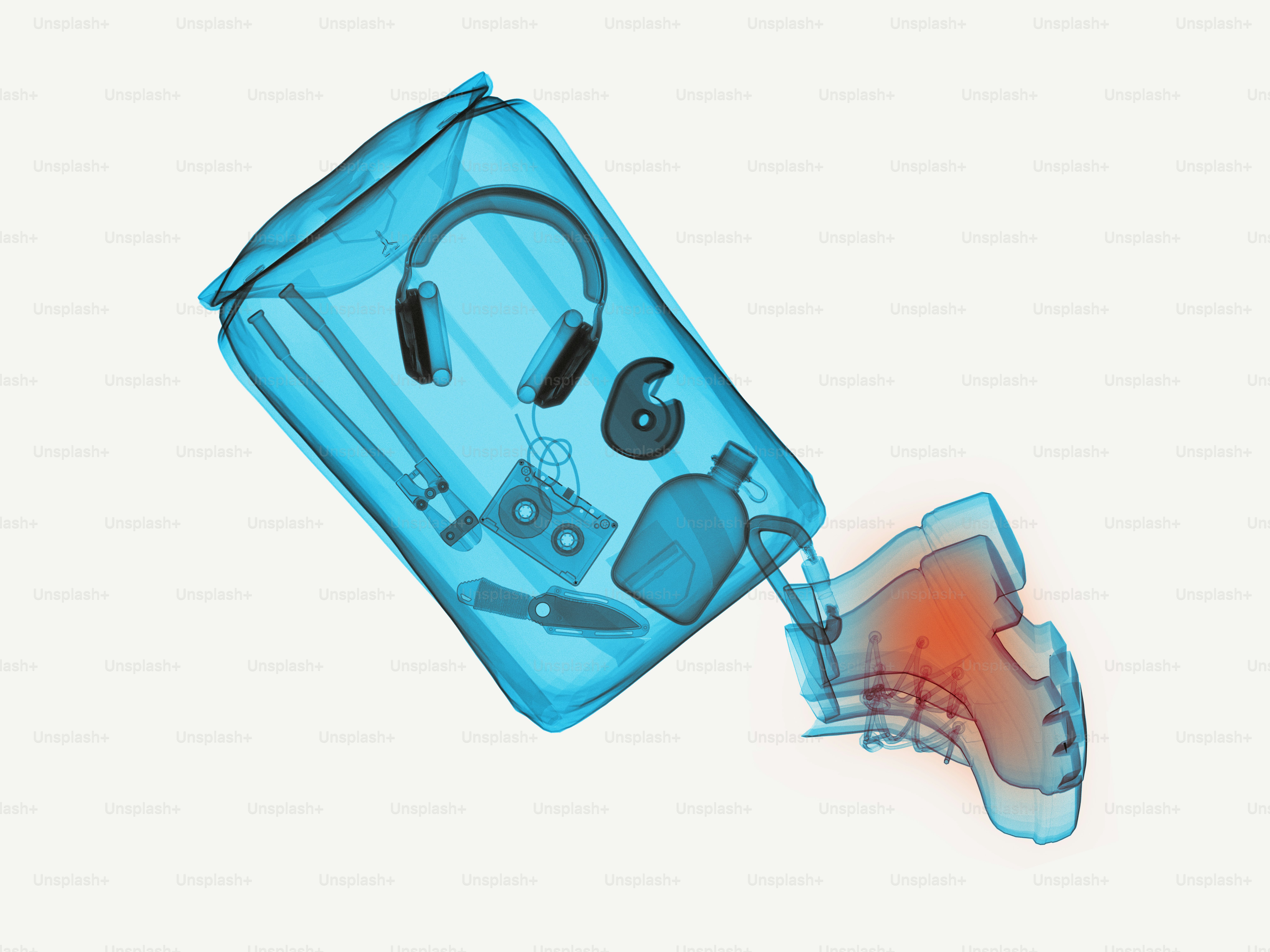 Röntgenaufnahme einer Tasche mit Kopfhörern, Messer und Pistole