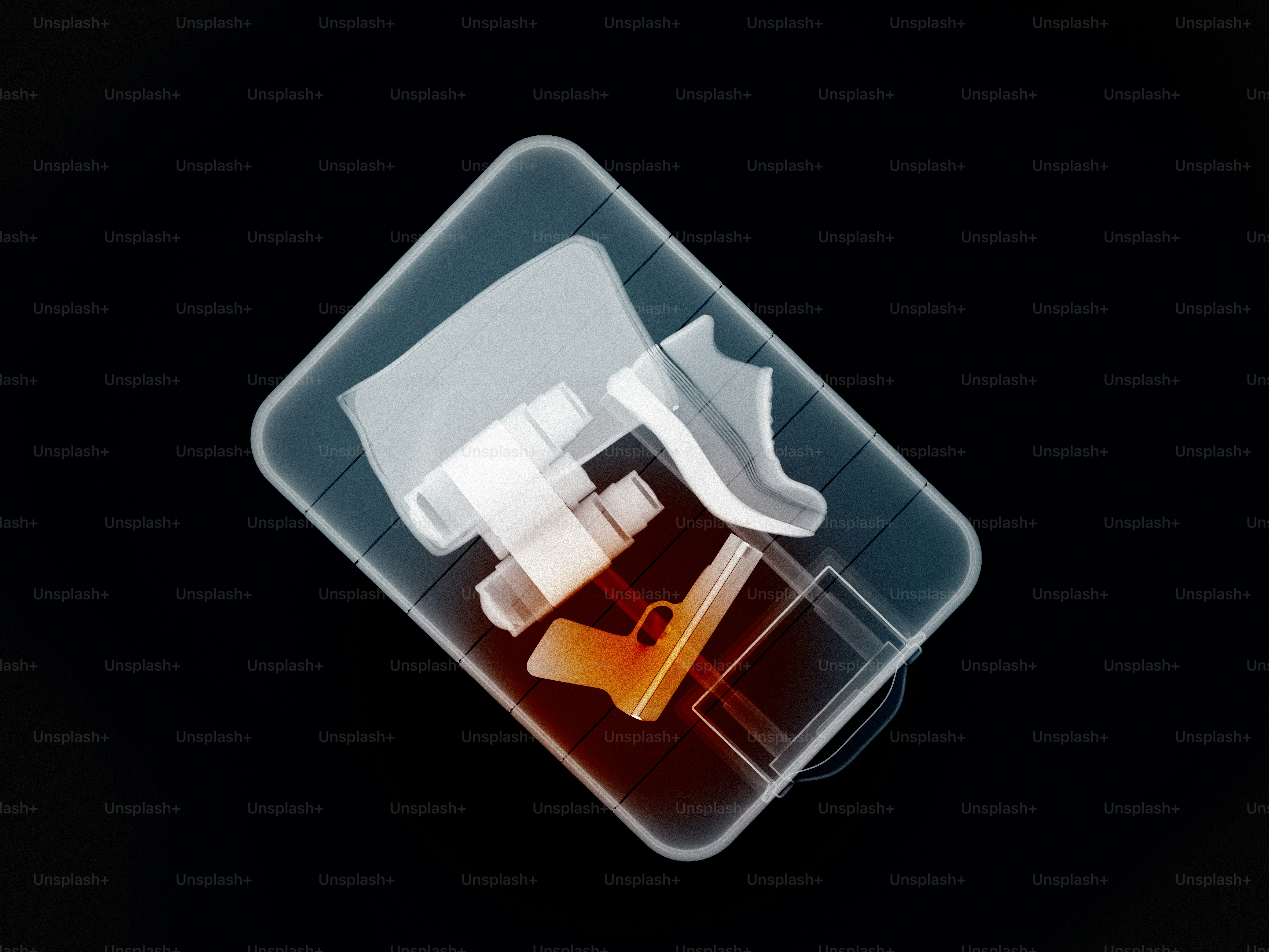 Röntgenaufnahme des Gepäcks mit einer Handfeuerwaffe und Schuhen