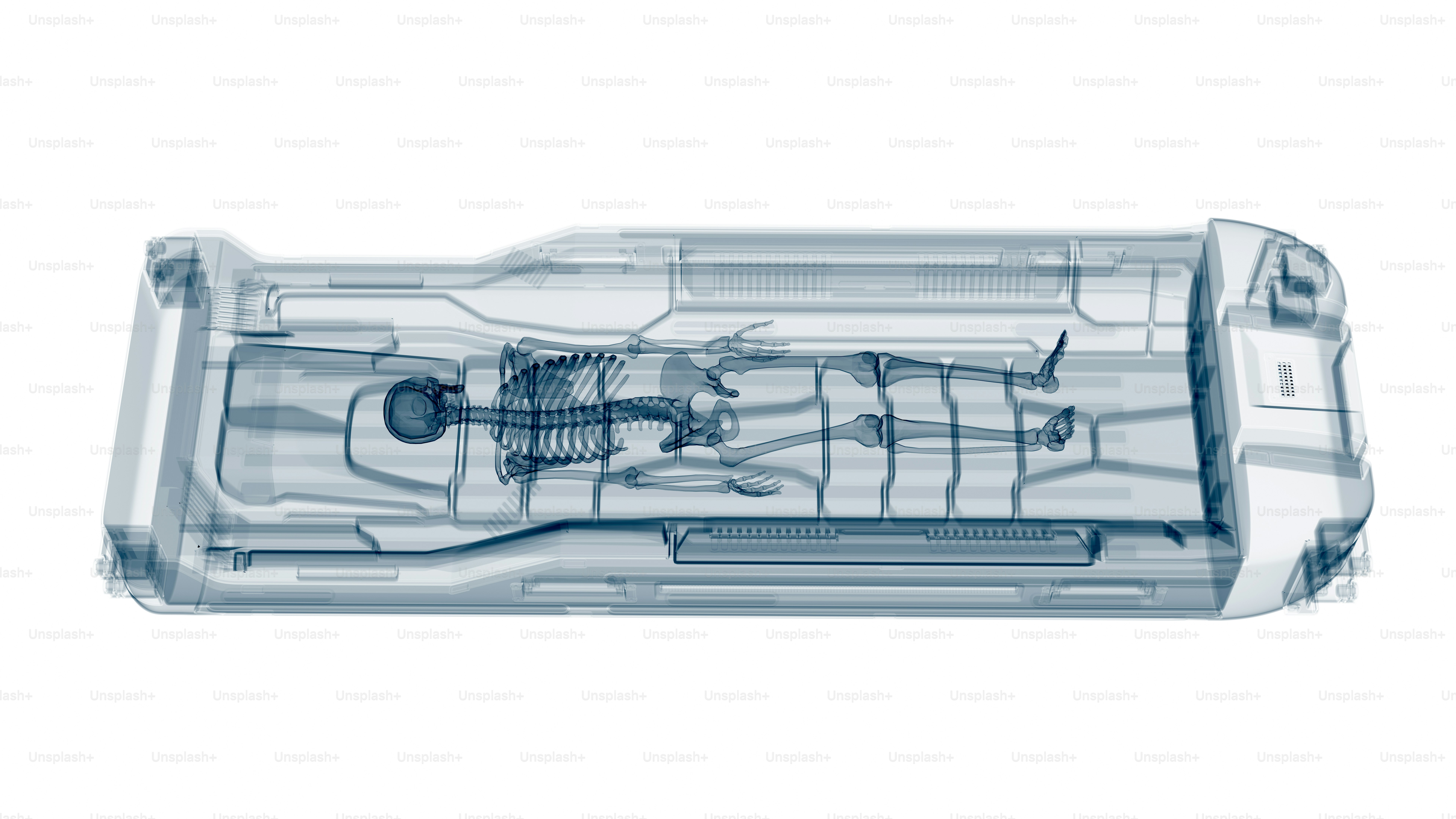 Futuristic medical pod with human skeleton inside