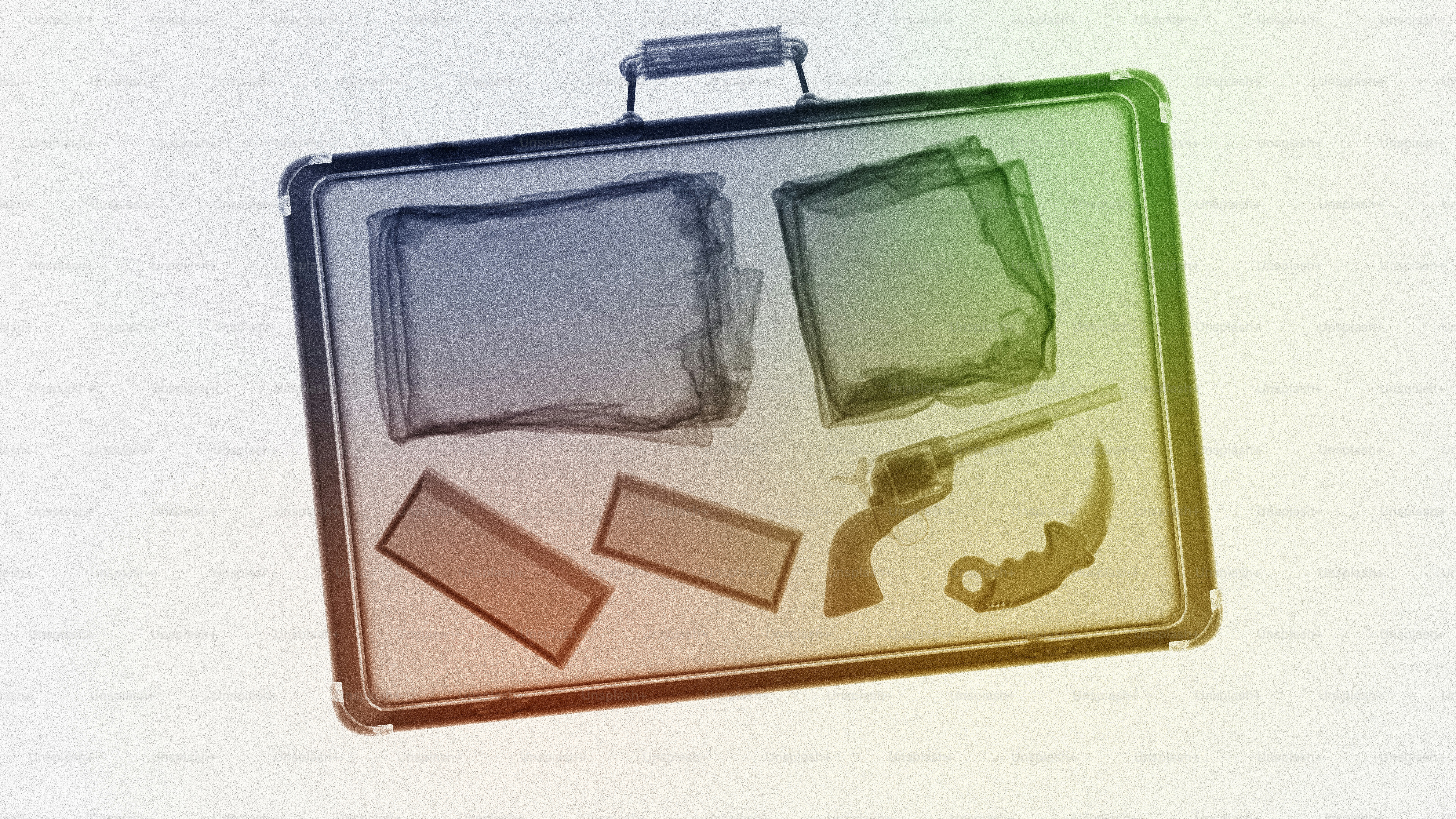Open briefcase with documents, revolver, and knife.