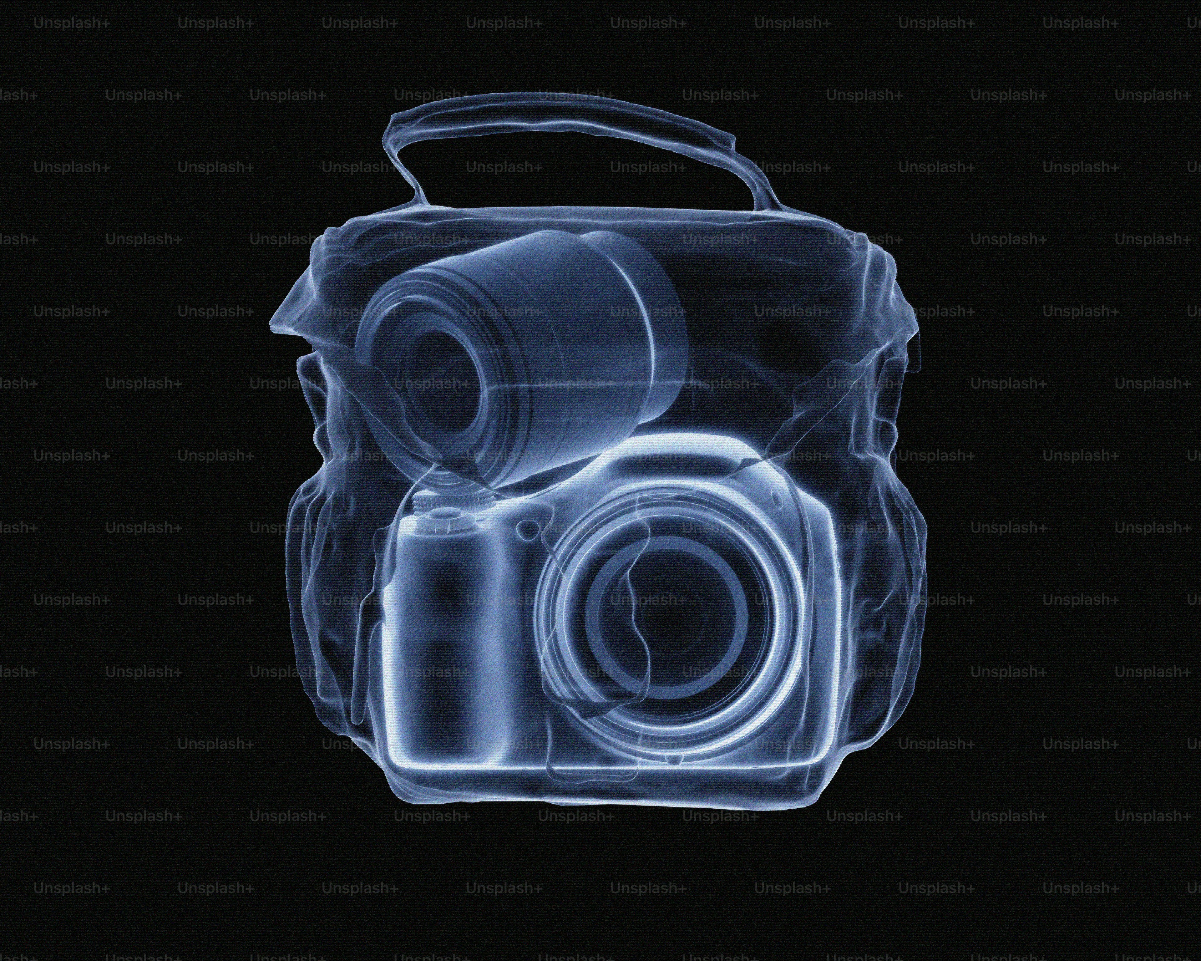 X-ray of camera and lens inside bag