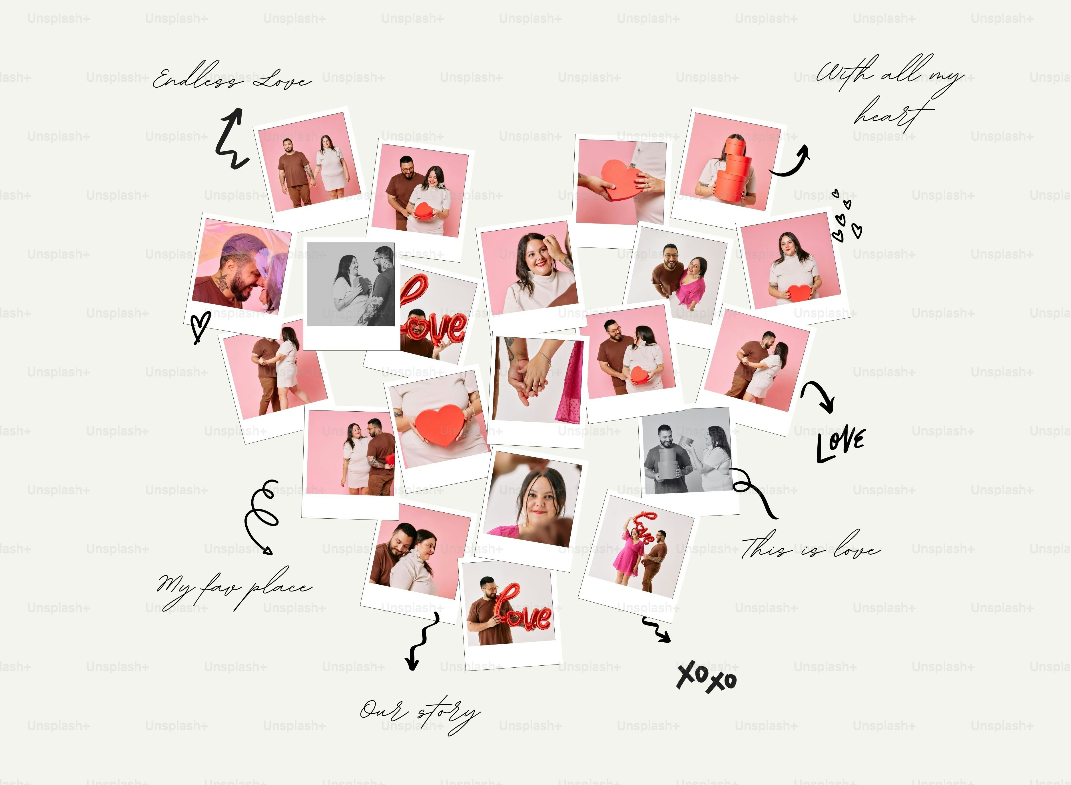 커플과 로맨틱한 상징의 하트 콜라주