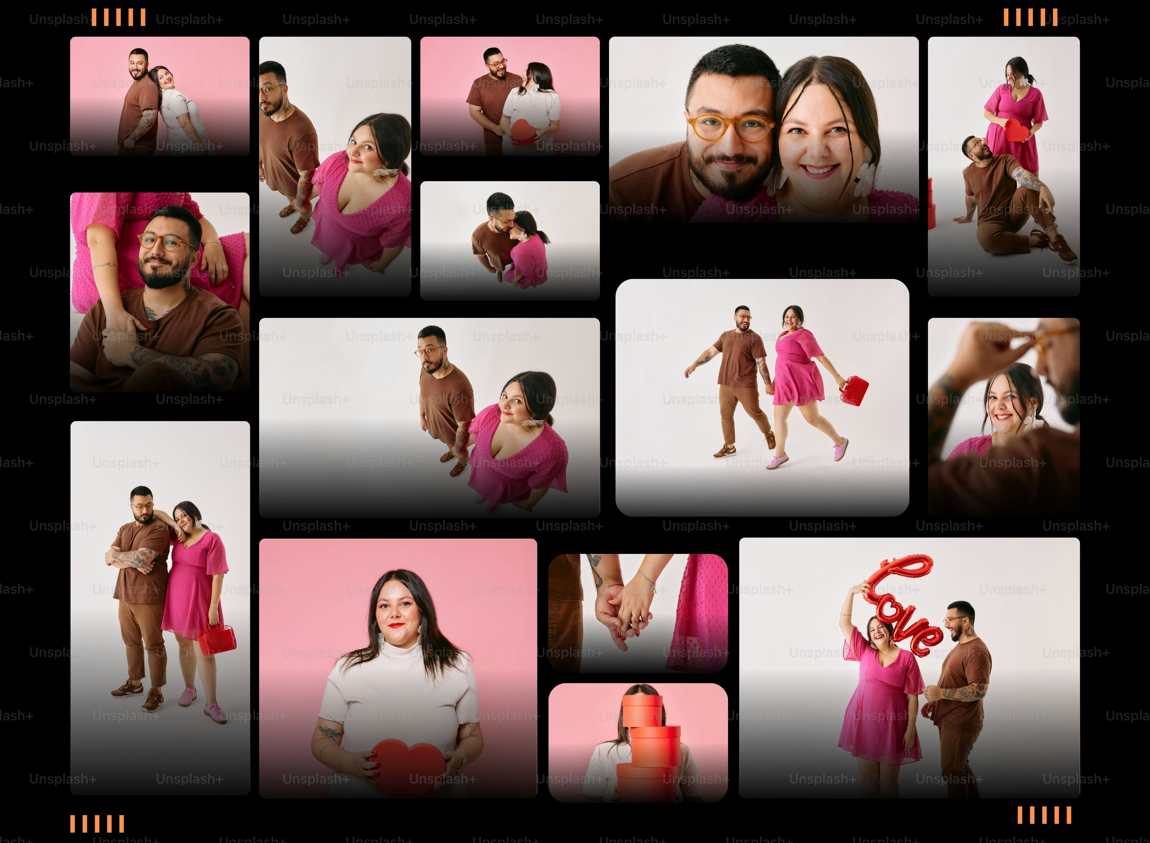 분홍색과 갈색 옷을 입은 커플의 콜라주