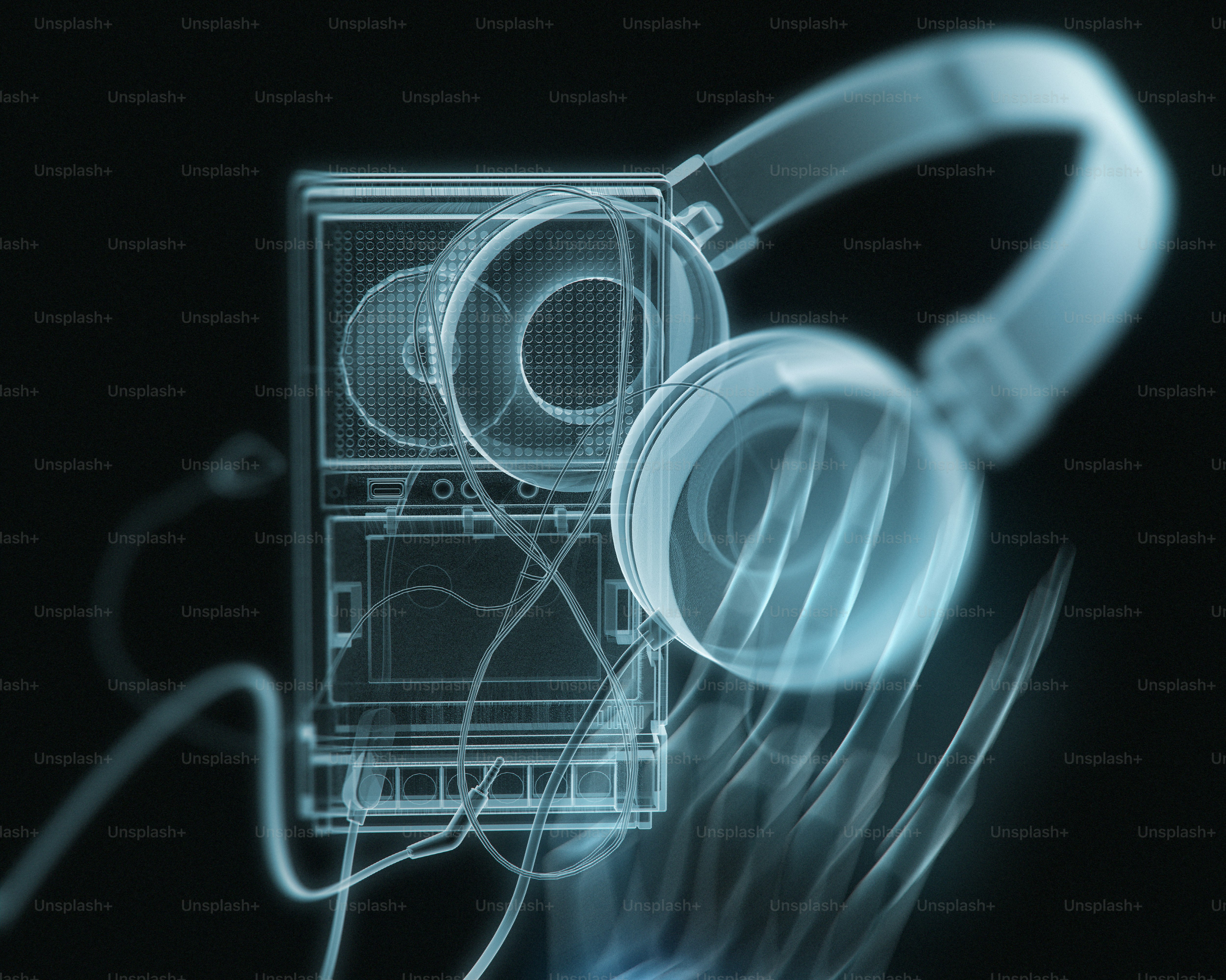 Casque transparent et lecteur audio sur fond noir