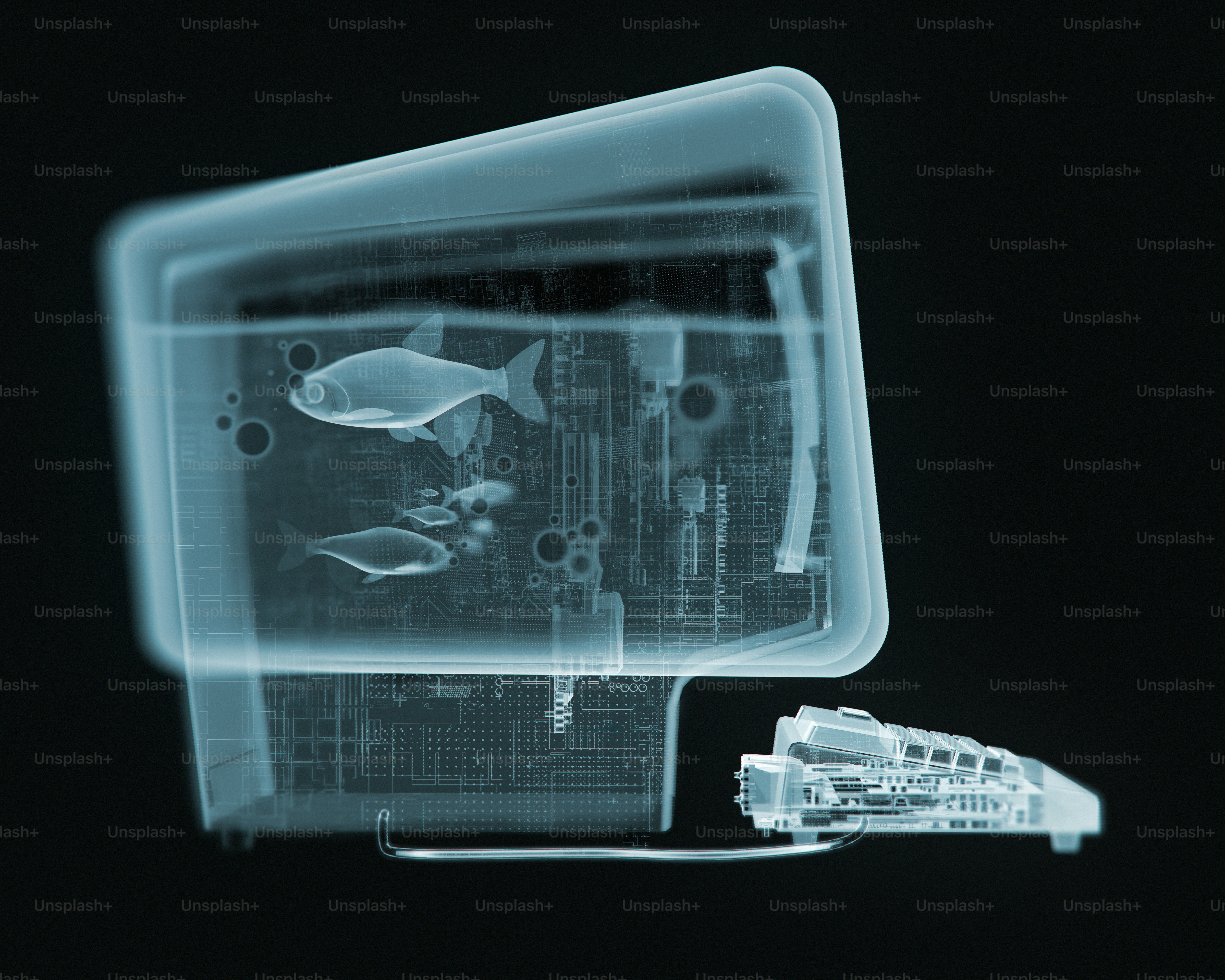 Los peces nadan dentro de un monitor de computadora con un mouse.
