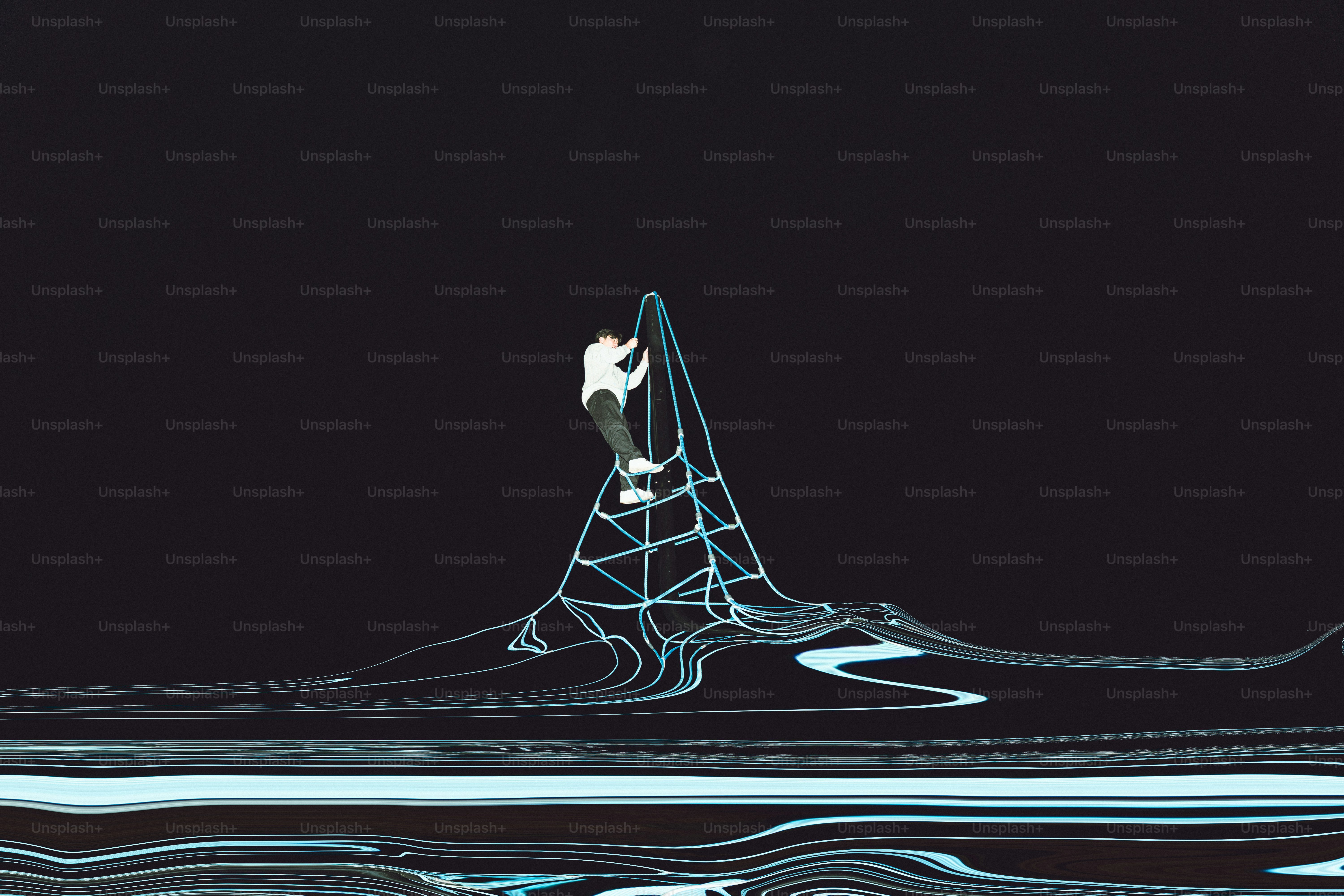 Person climbing abstract geometric structure against dark background