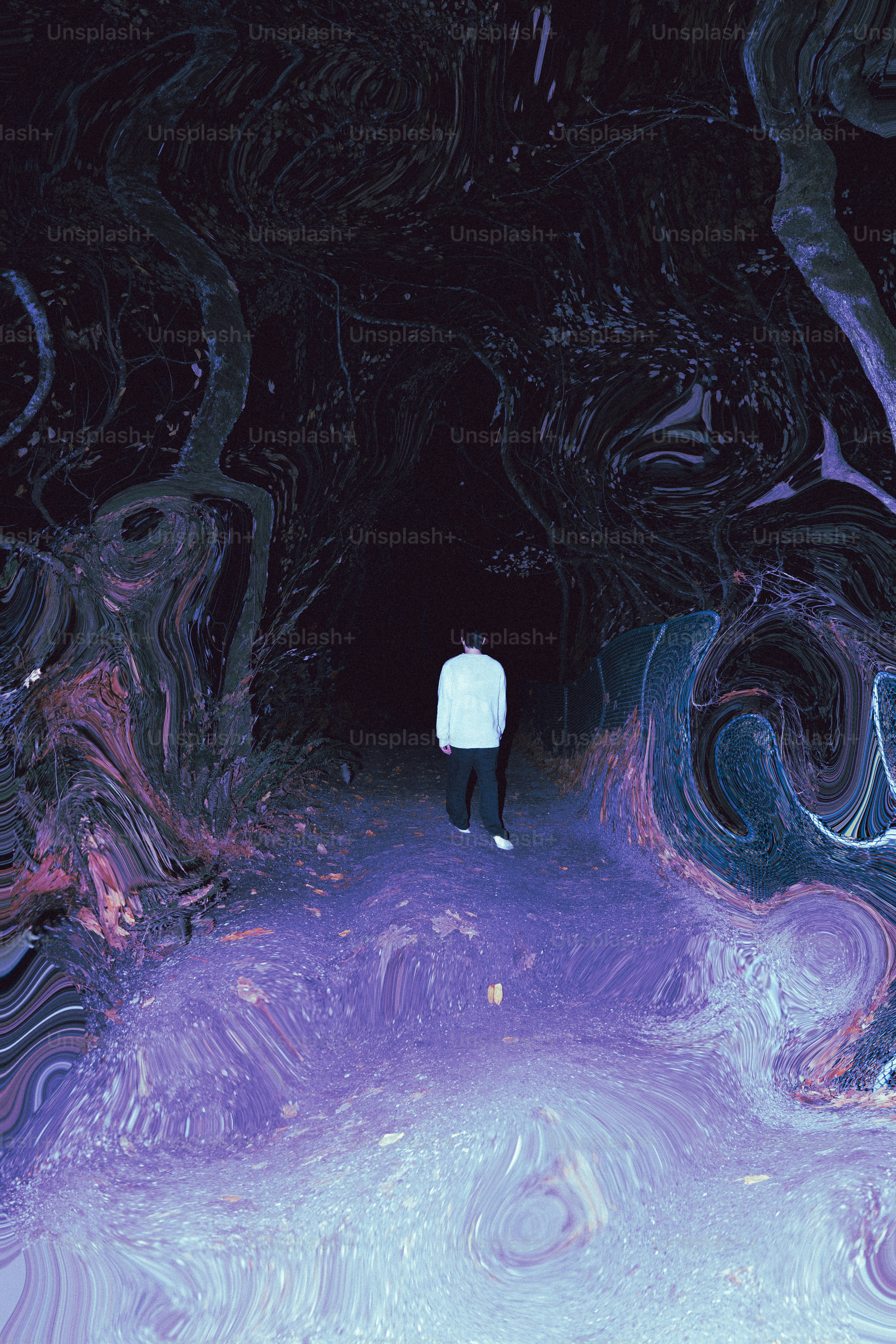 Person walking through a dark, abstract forest