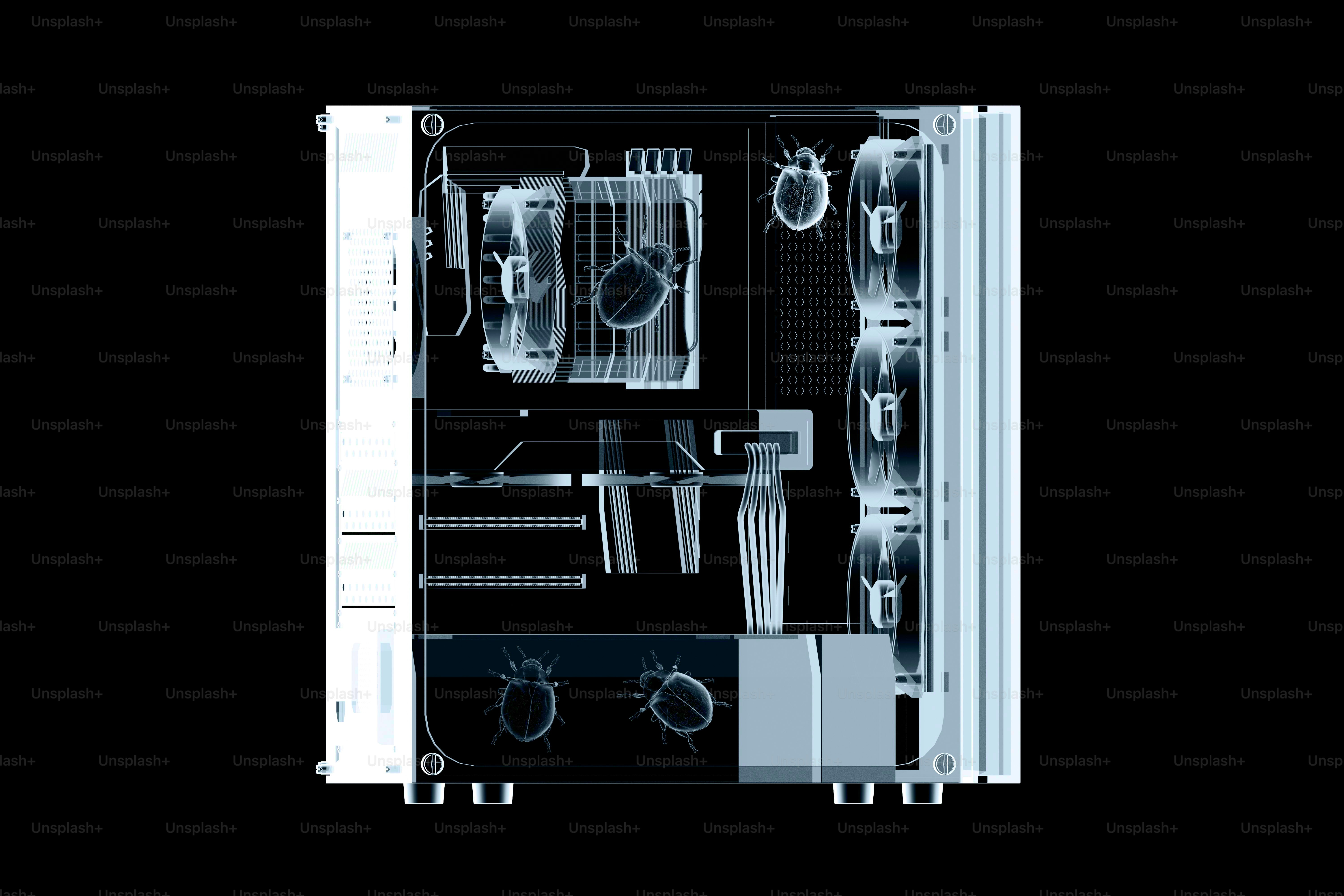 Vista de rayos X del interior de una torre de computadora con componentes internos