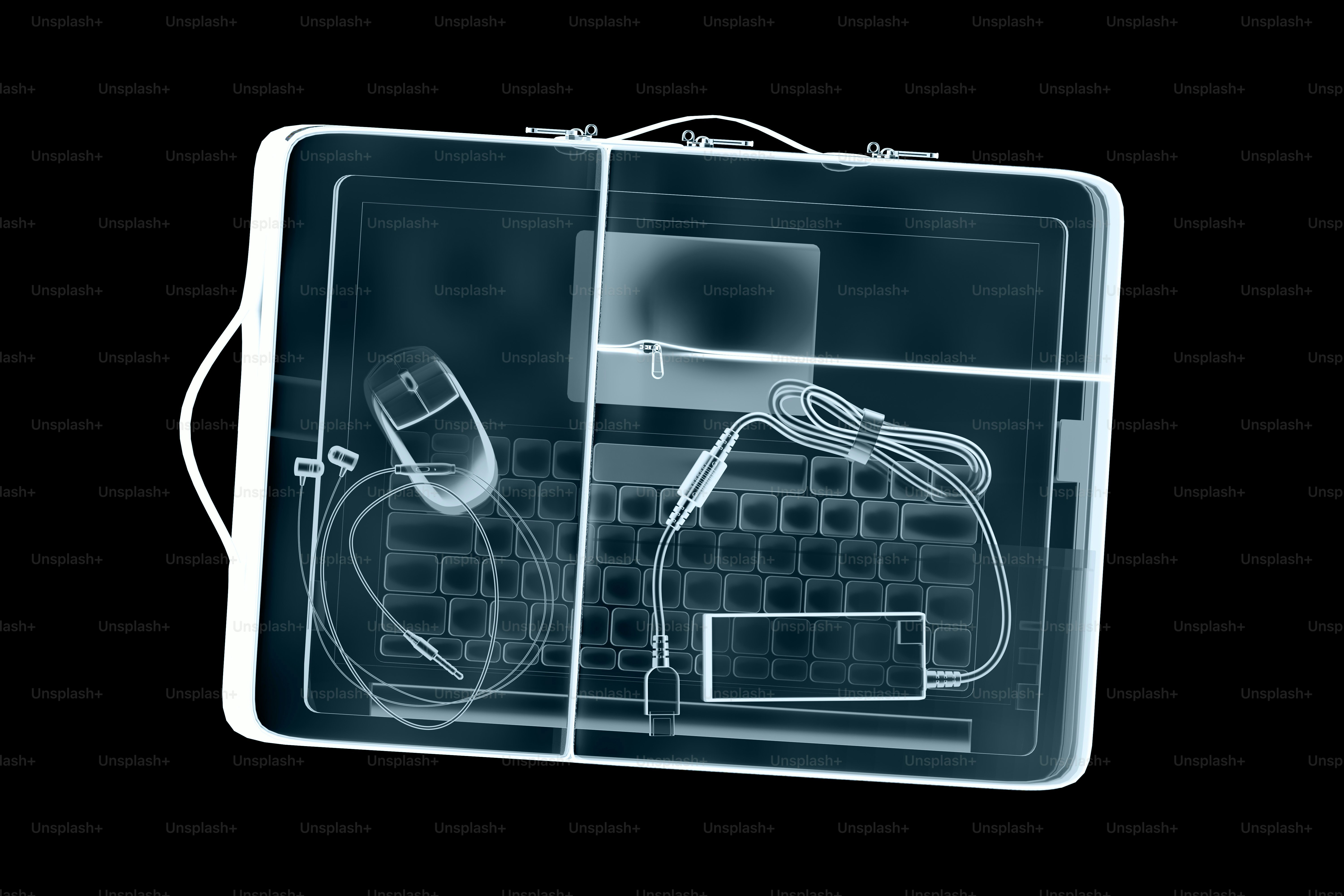 Radiographie d’un sac d’ordinateur portable avec son contenu