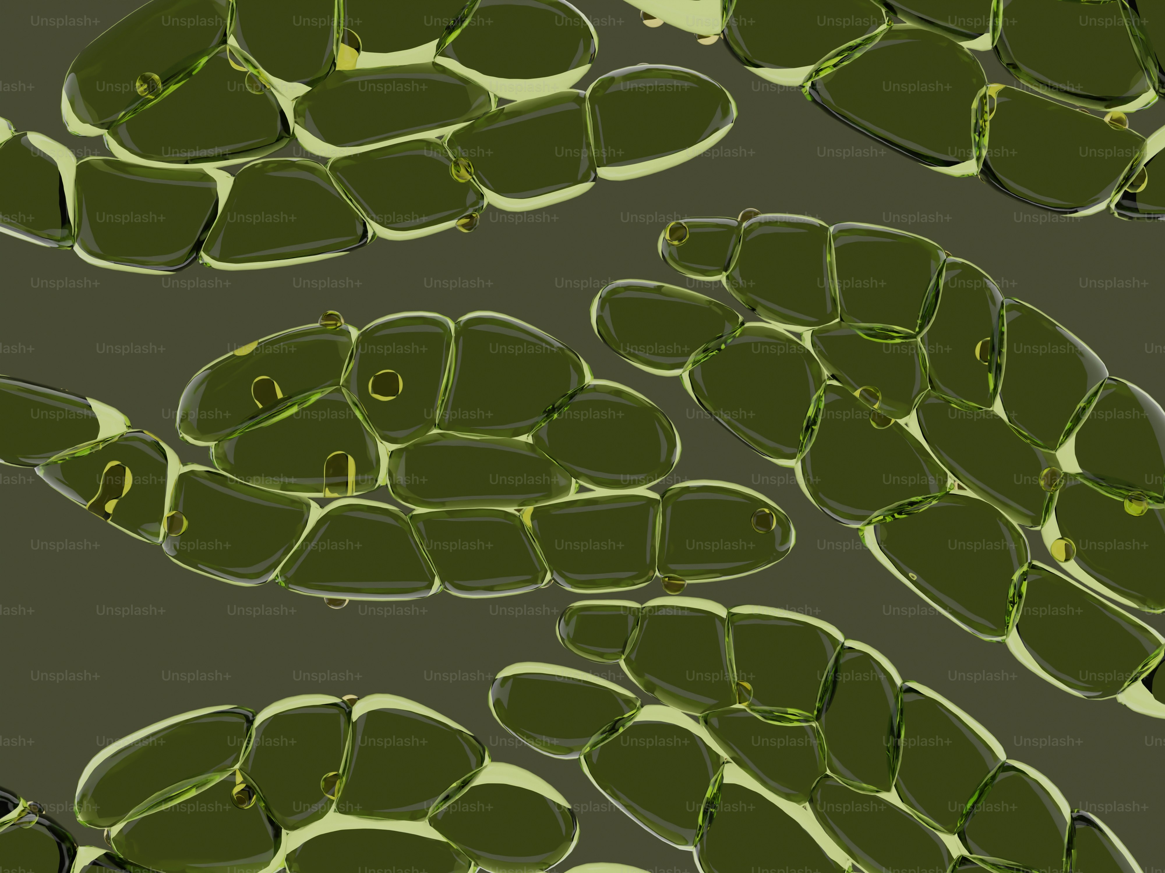 Close-up of green algae cells under a microscope