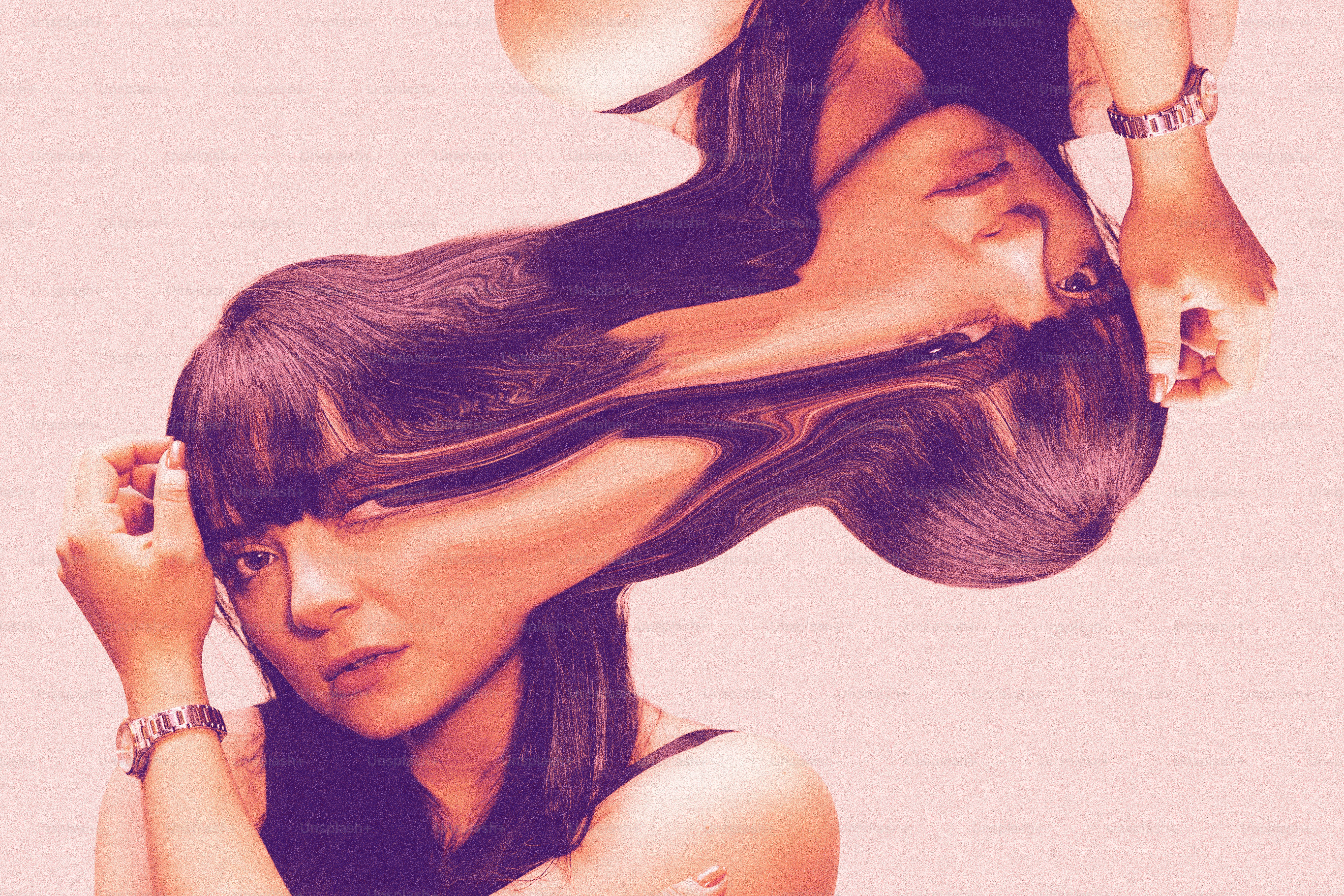 Distorted portrait of a woman with purple hues