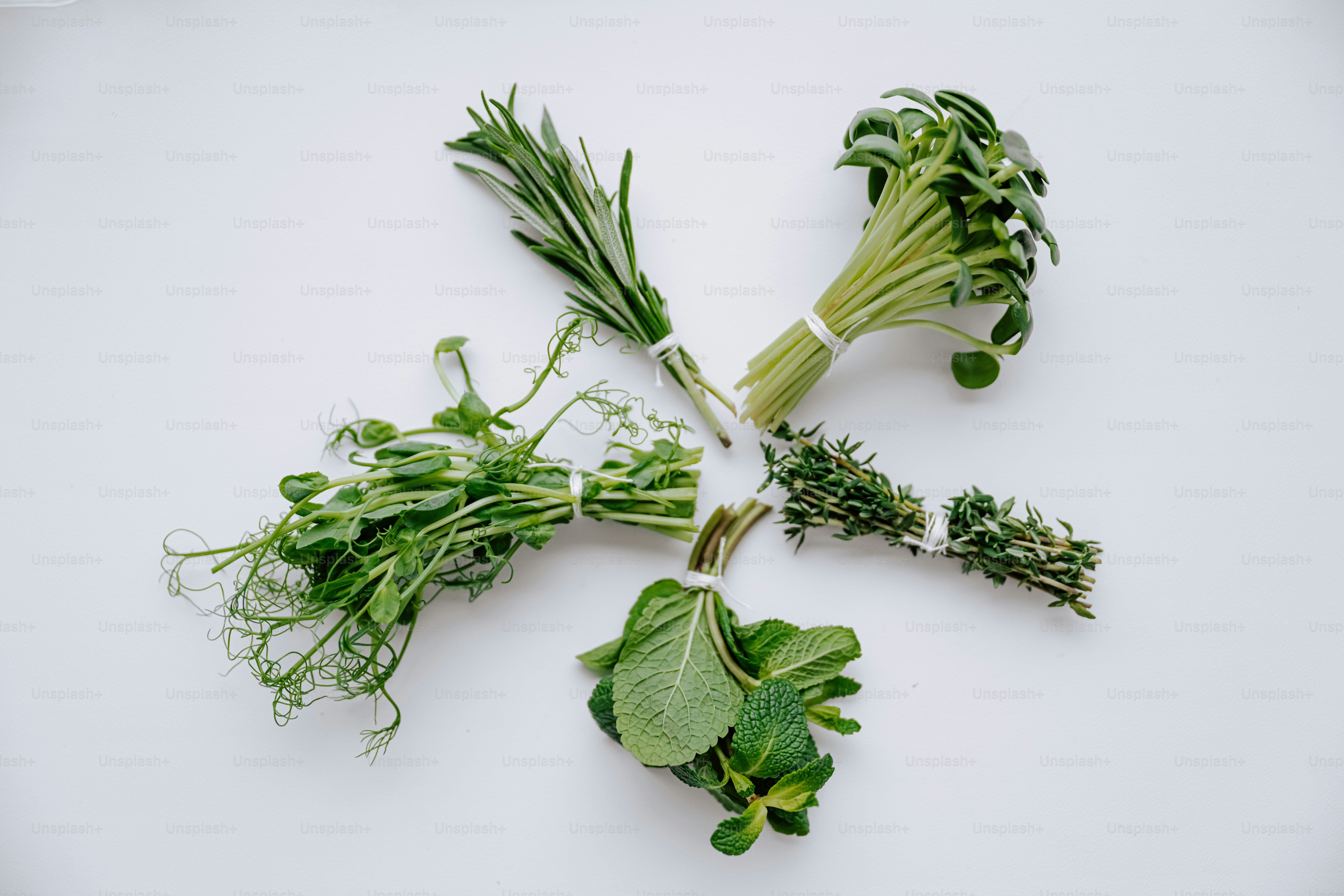 Five bunches of fresh herbs arranged in a circle.