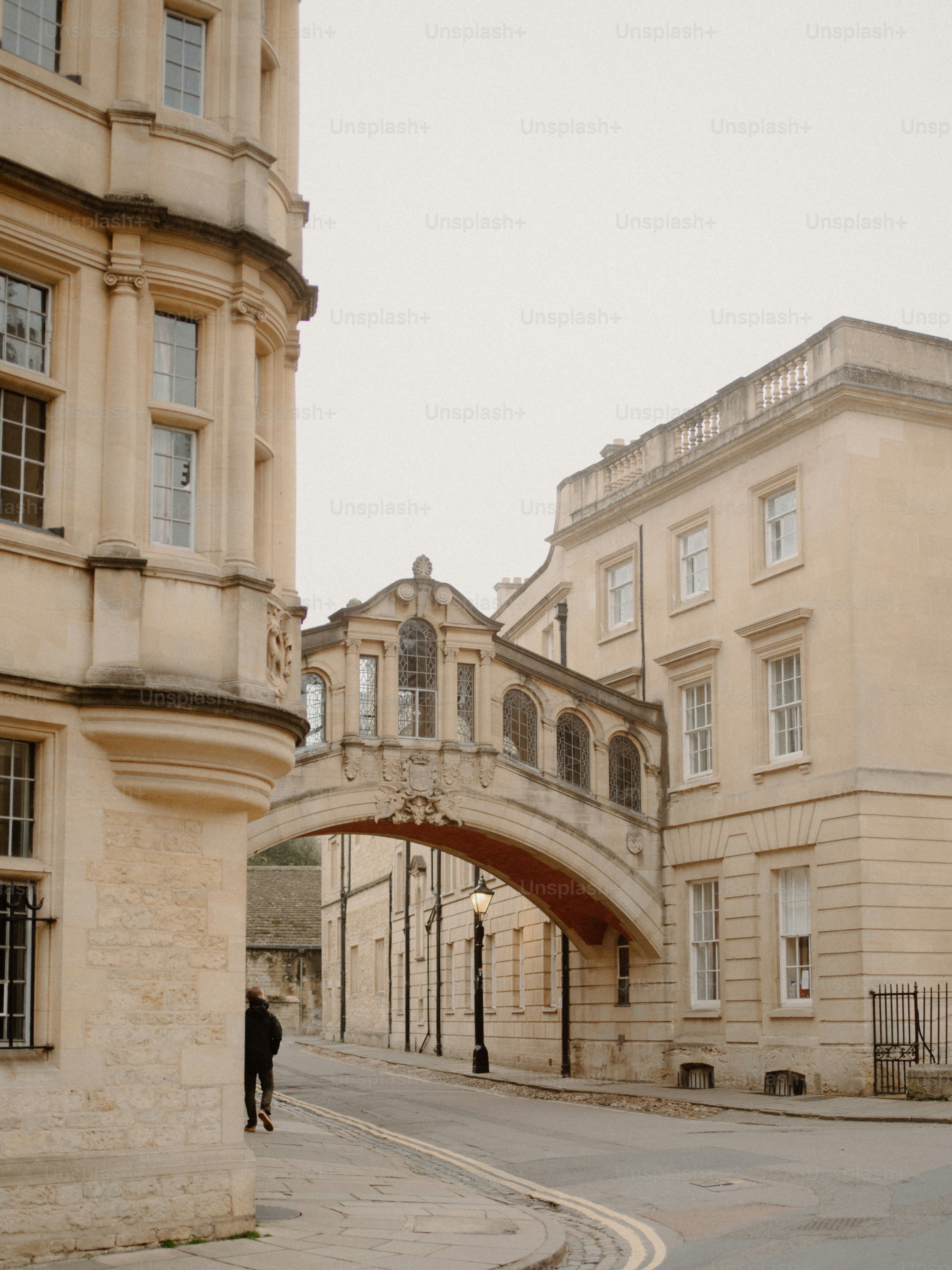 Historic bridge connecting buildings over a street
