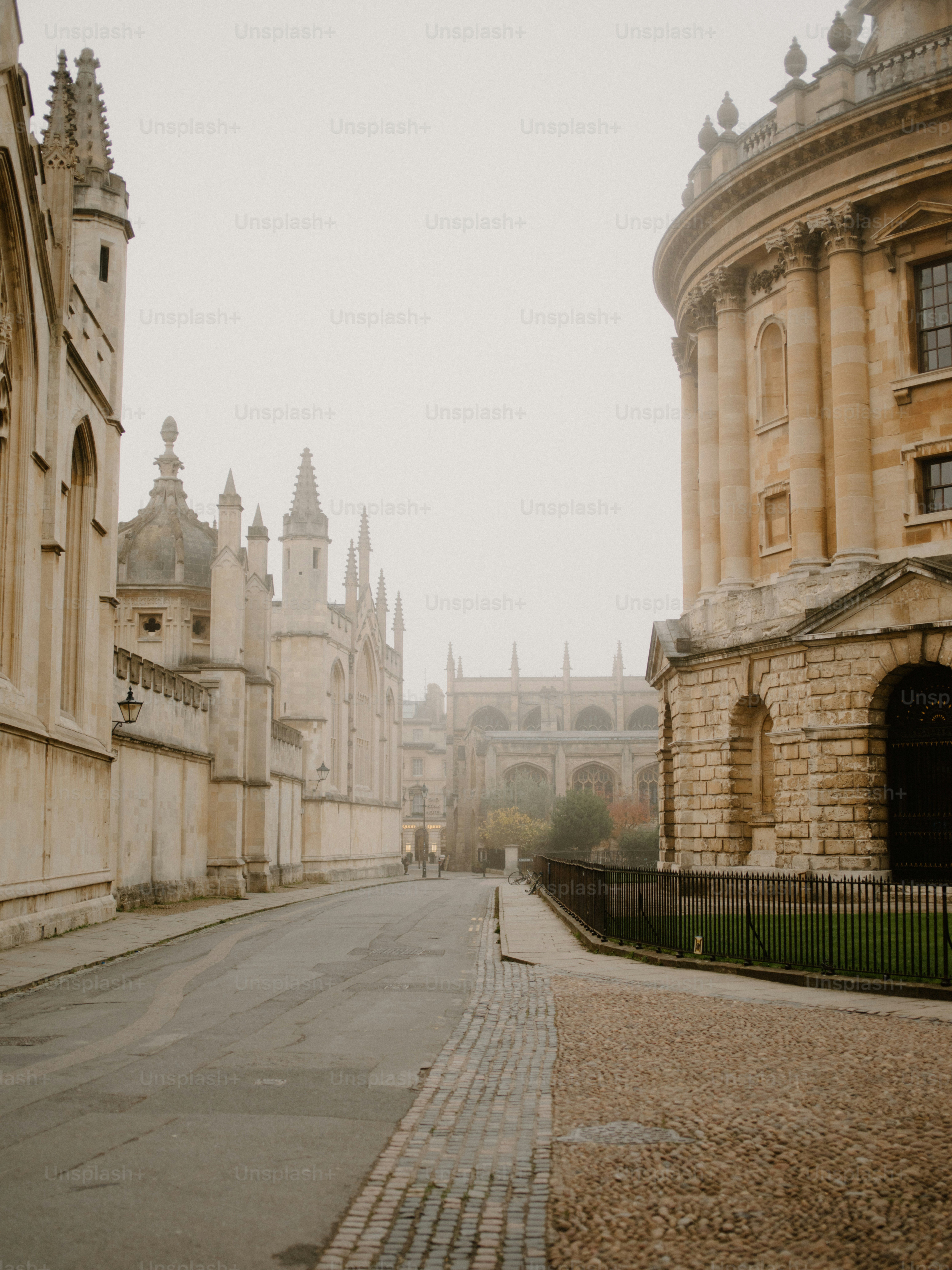 Historic university buildings on a foggy day