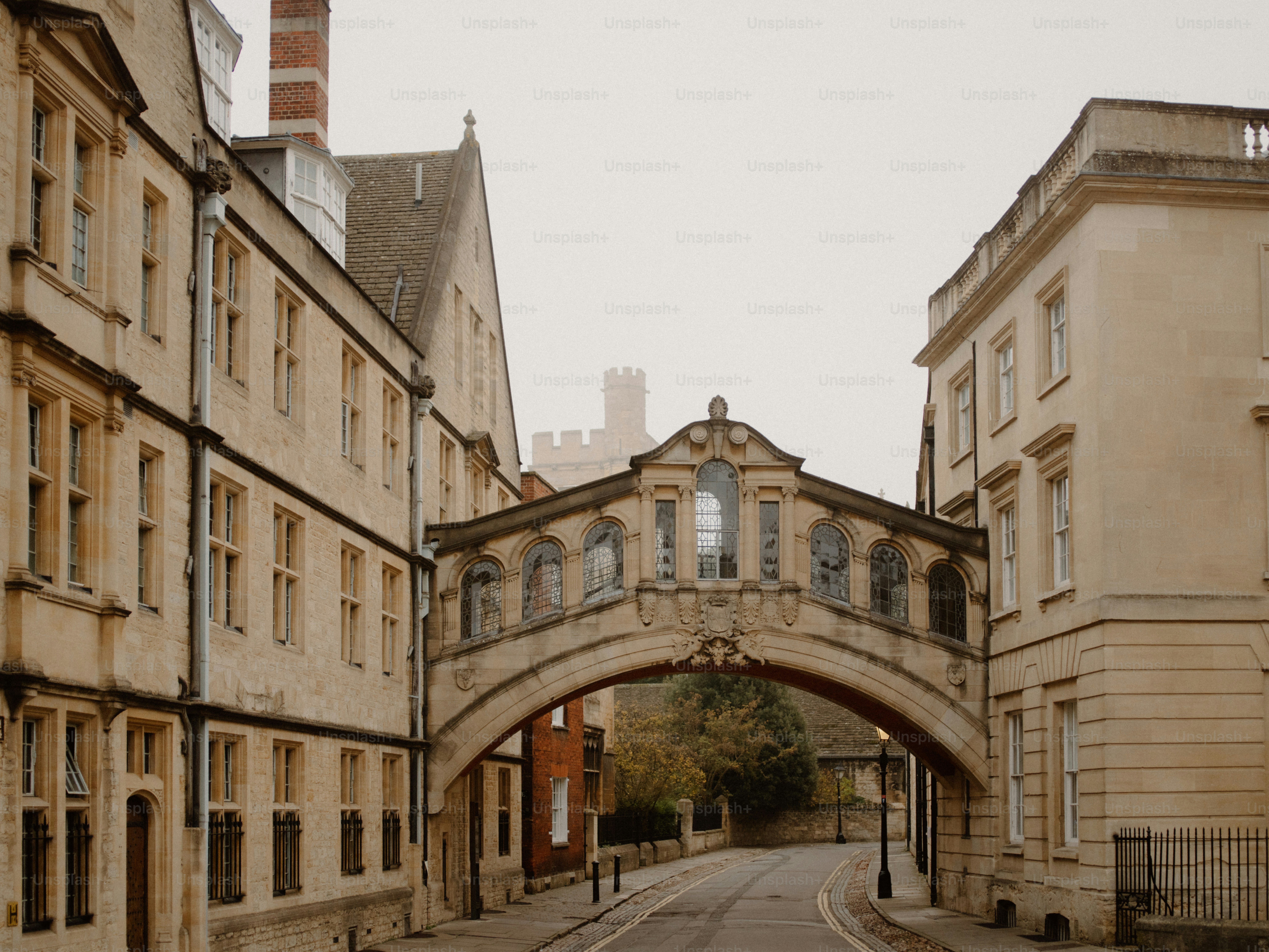 Historic bridge connecting buildings over a street