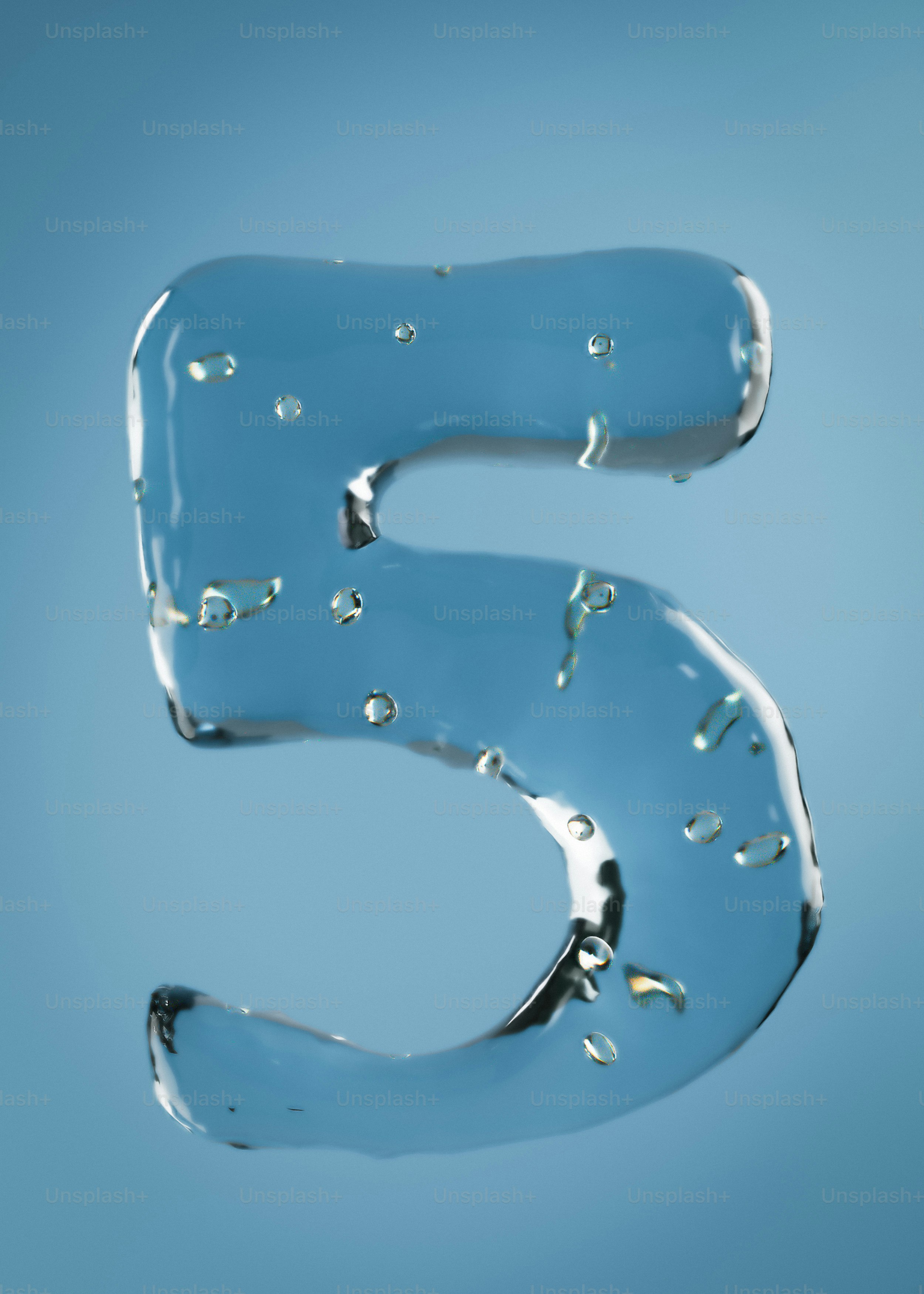 A blue number five made of water