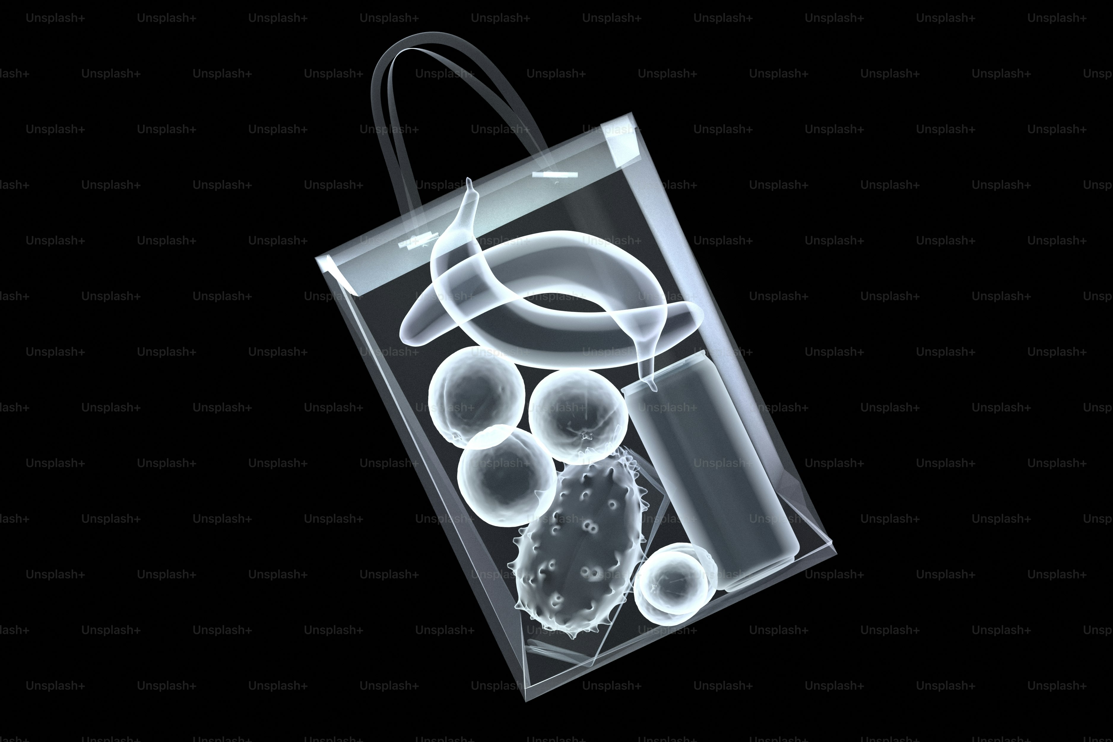 Röntgenaufnahme einer durchsichtigen Tüte, die mit Lebensmitteln gefüllt ist.