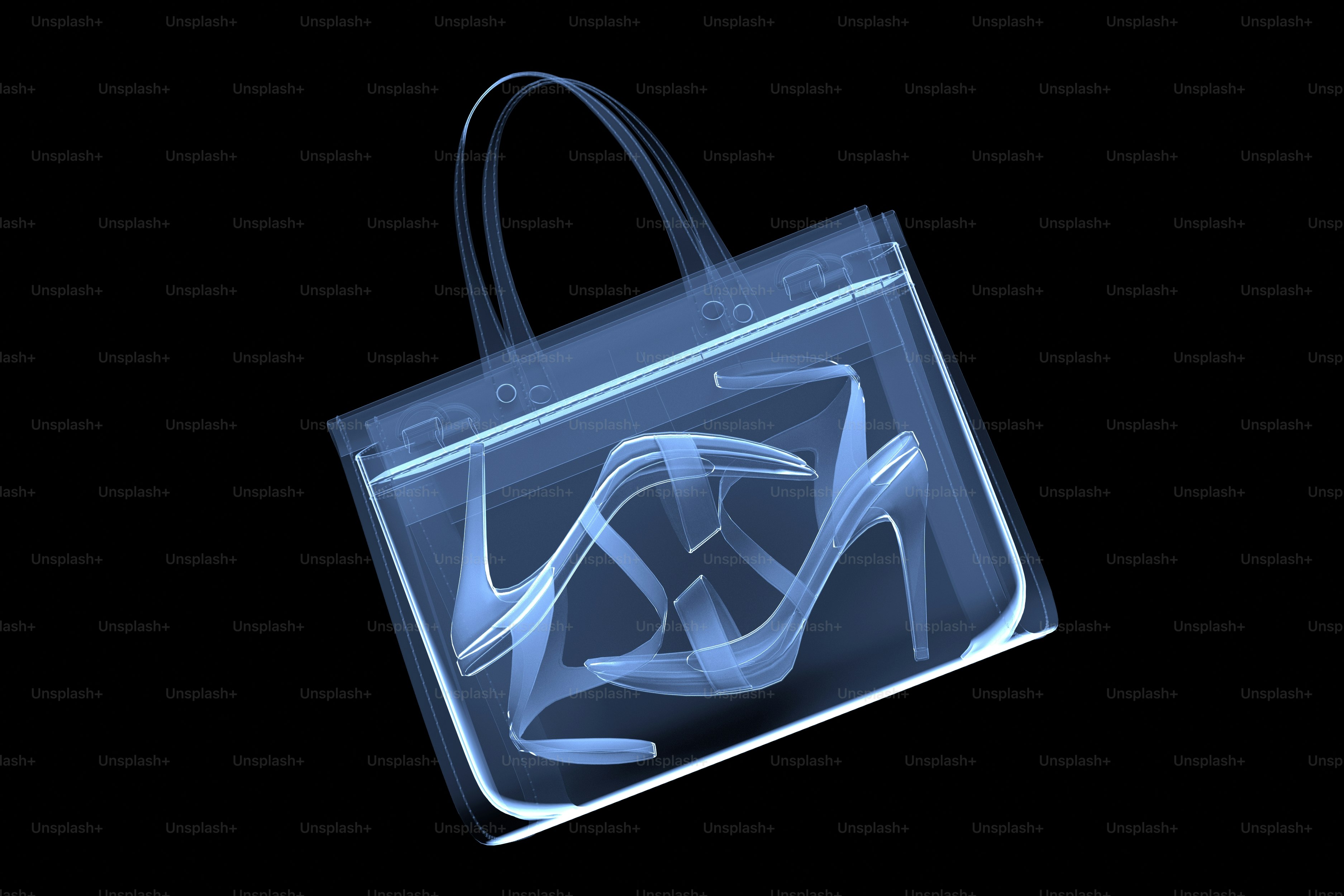 X-ray of a high-heeled shoe inside a clear tote bag