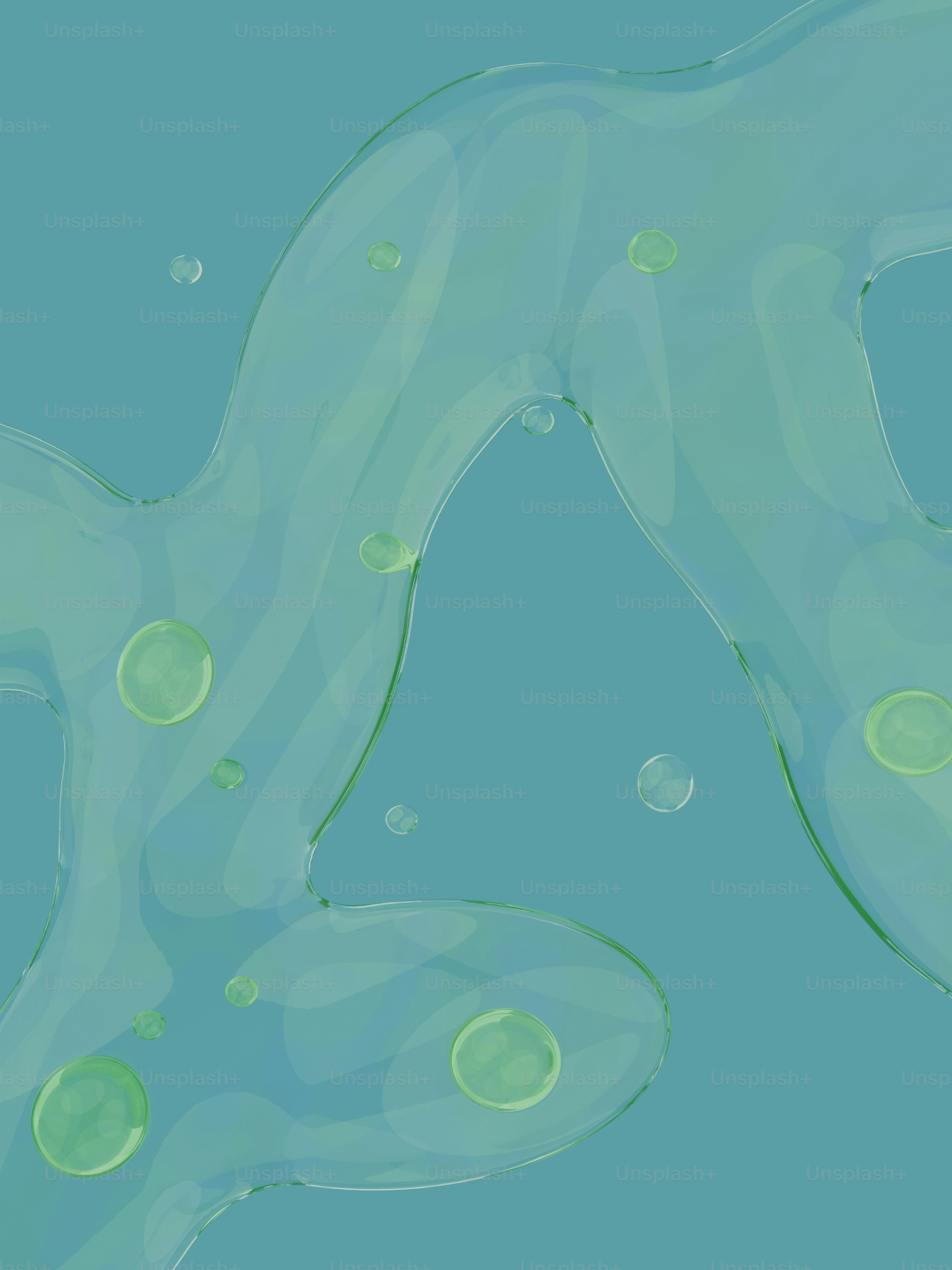 Abstract flowing liquid with bubbles on blue background