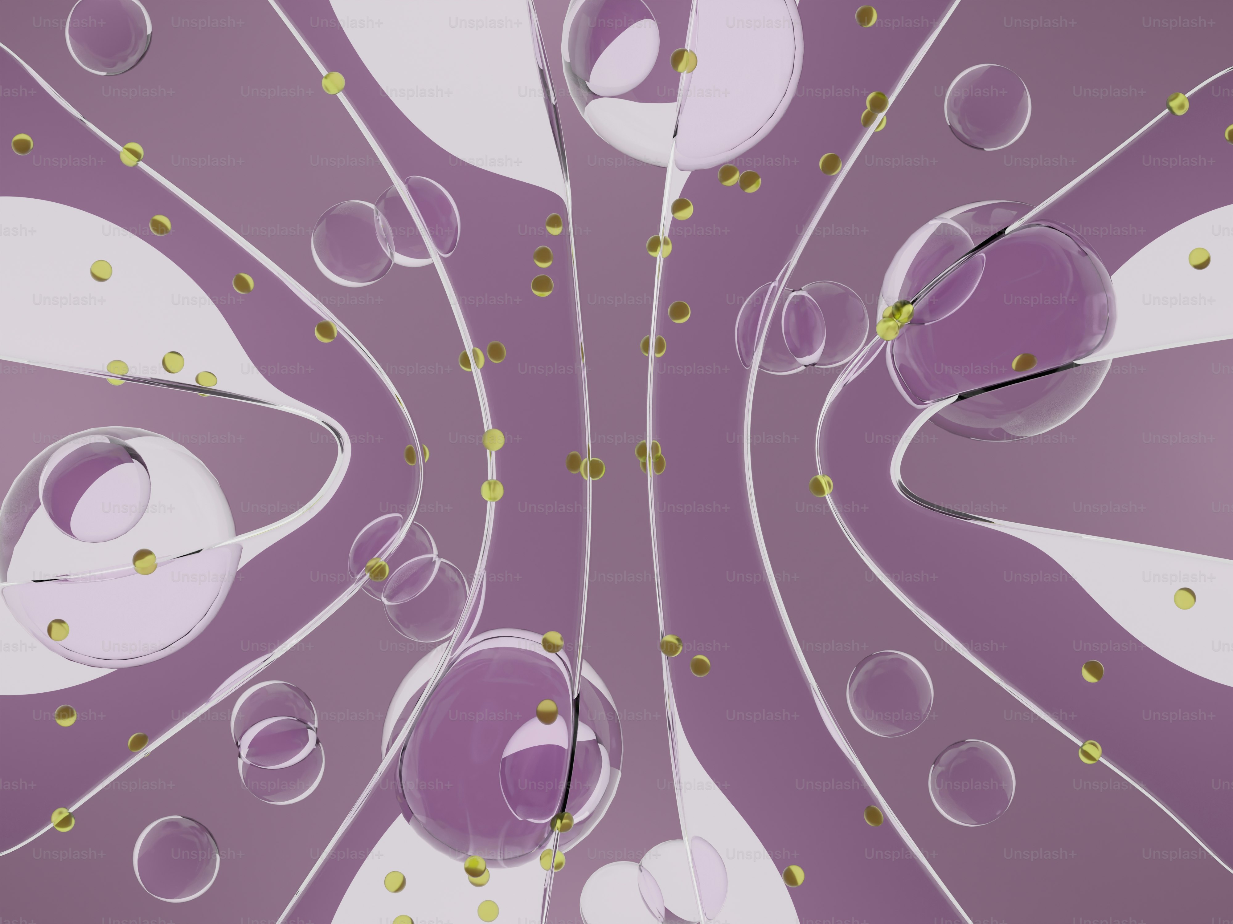 Abstrakter lila Hintergrund mit schwebenden Blasen und goldenen Punkten.