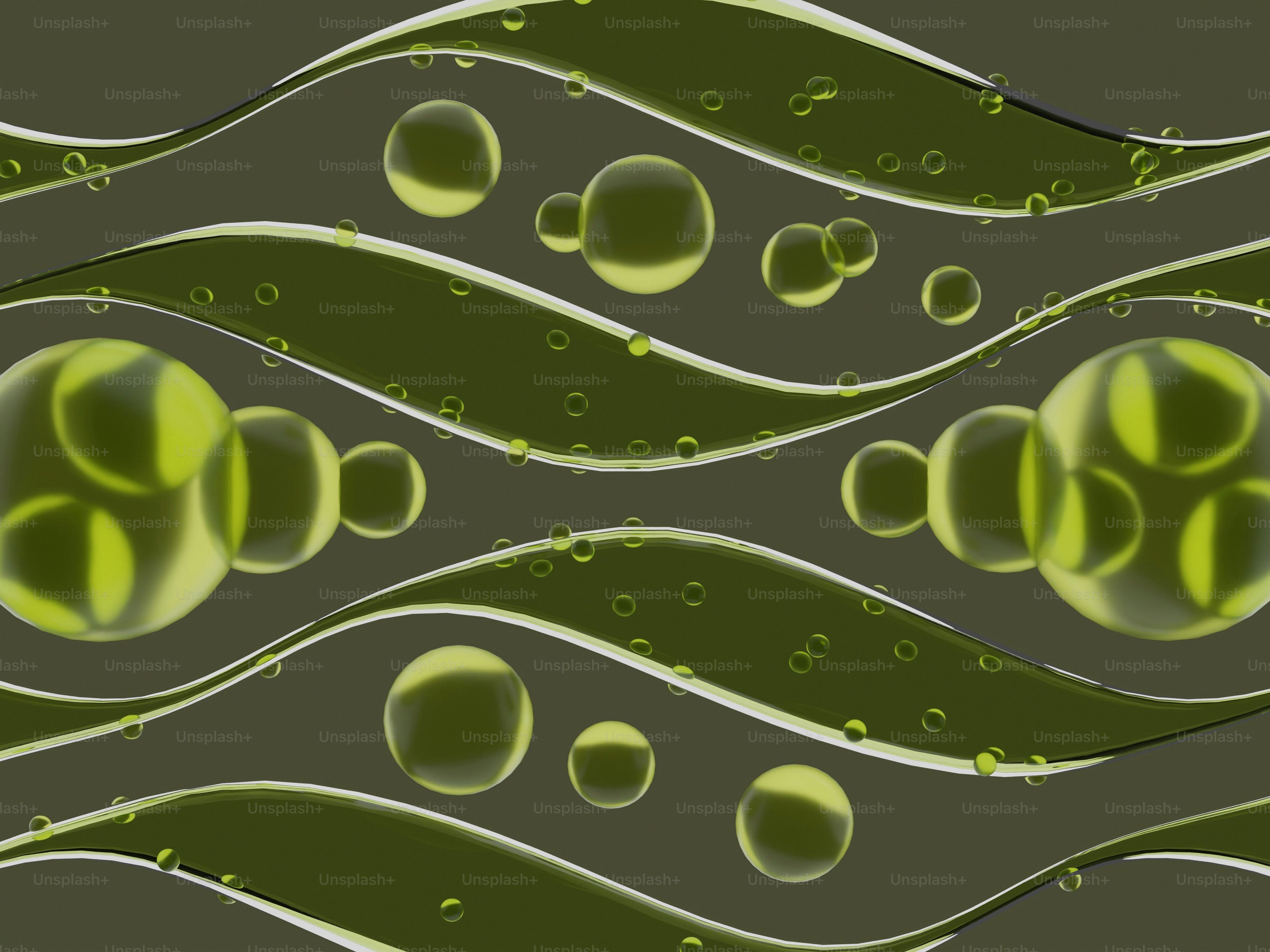 Abstrakte grüne Wellen mit schwebenden Kugeln und Blasen.