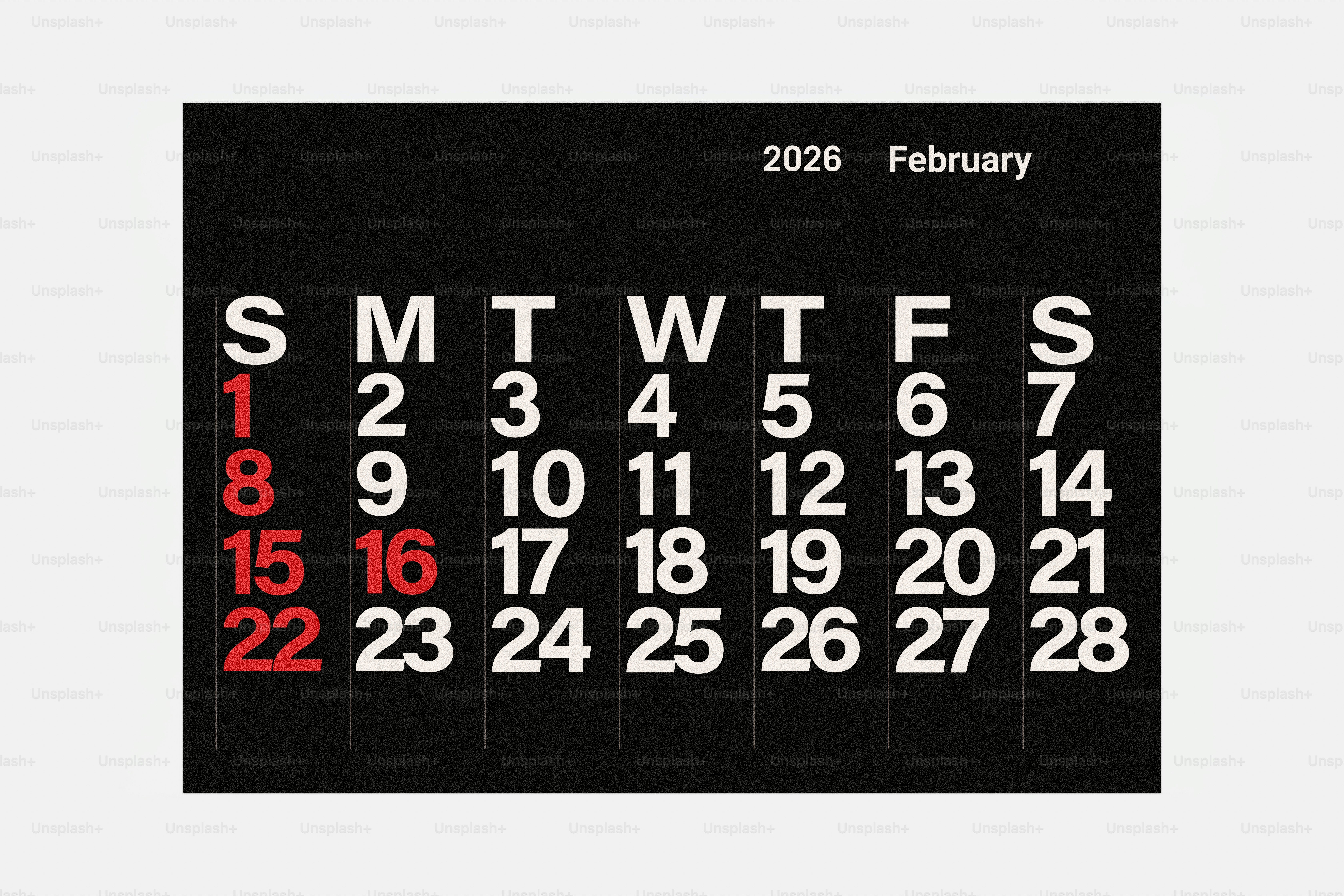 February 2020 calendar on black background