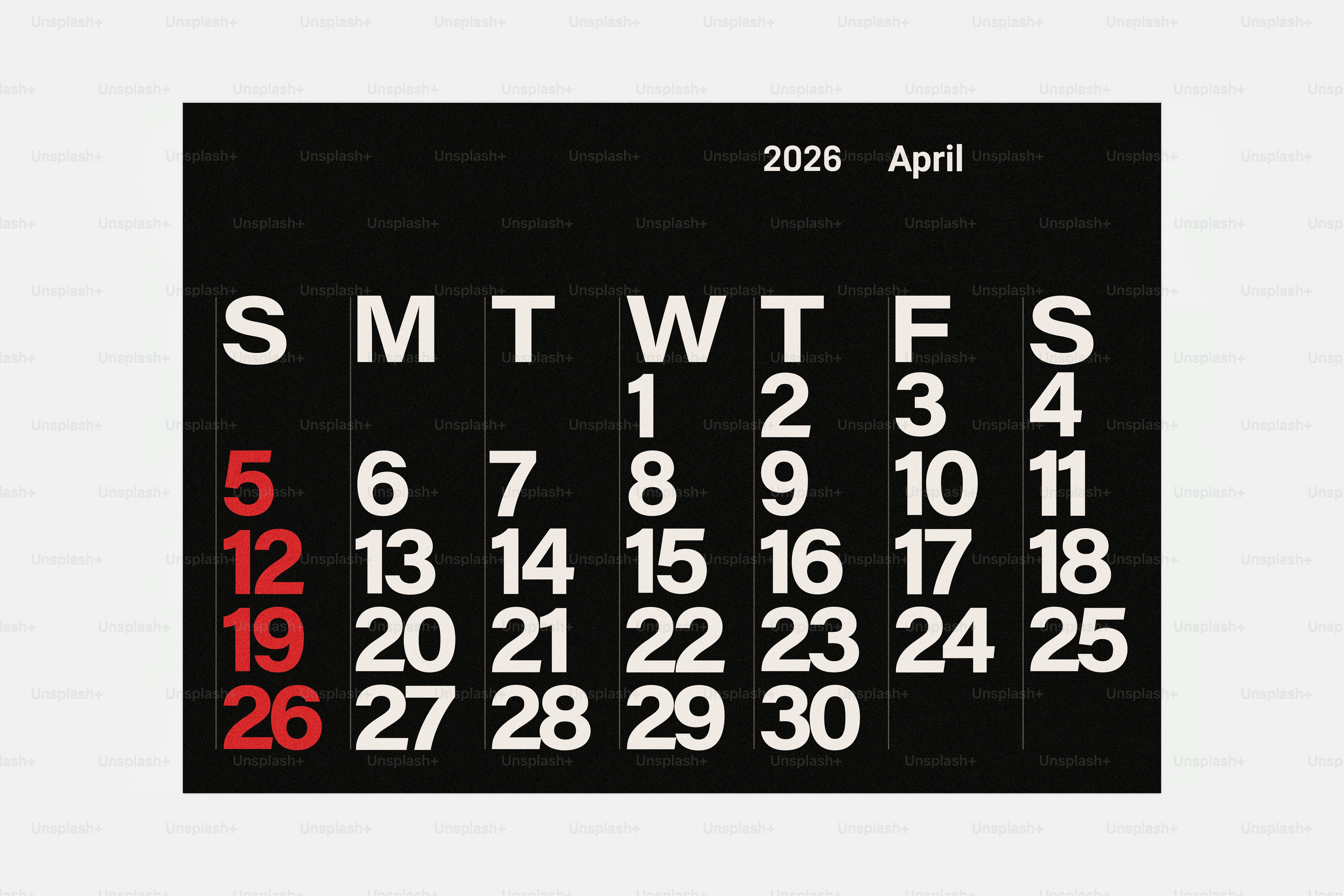 Kalender April 2020 dengan latar belakang hitam