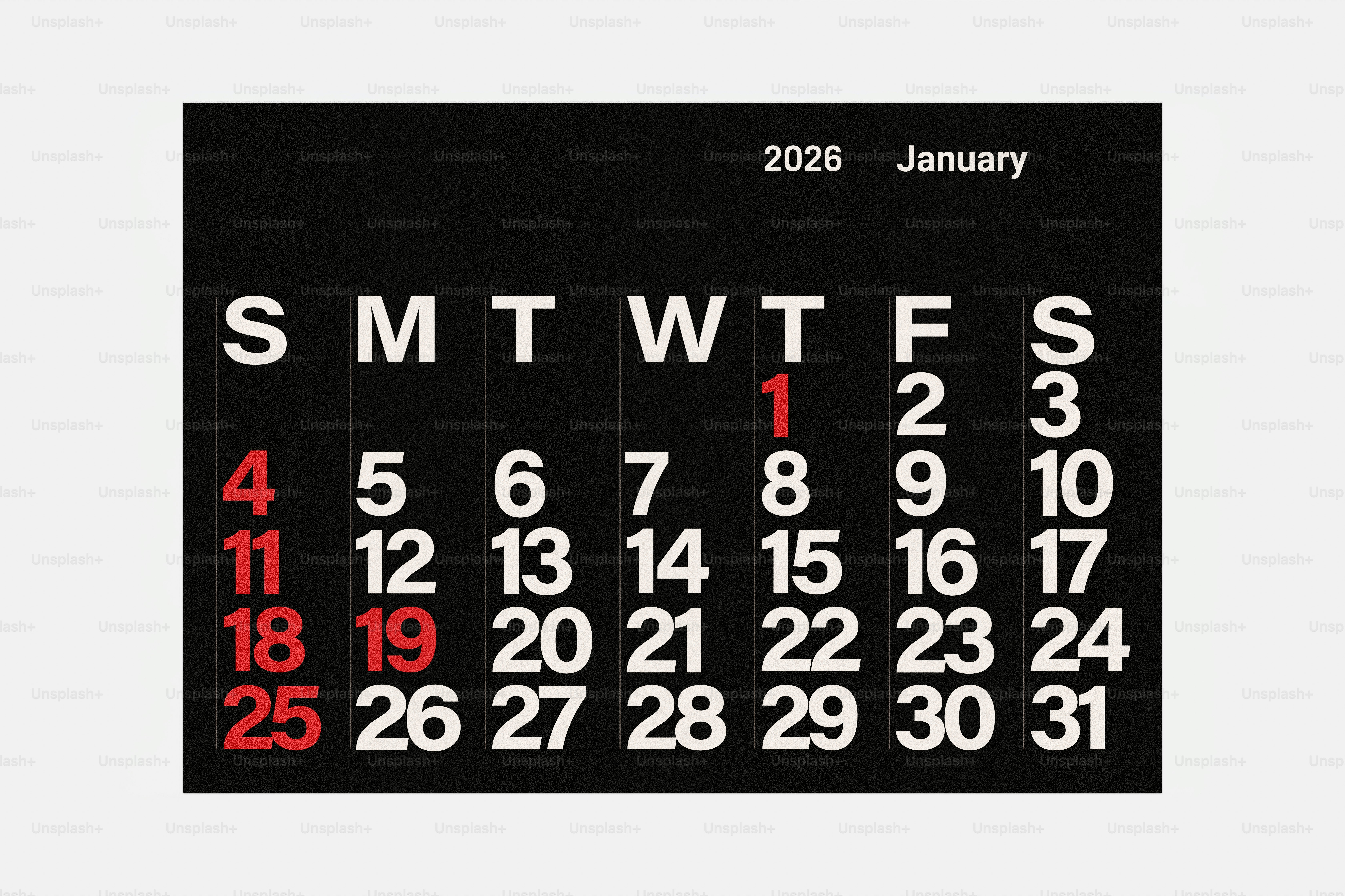 Calendrier montrant les jours de janvier 2020