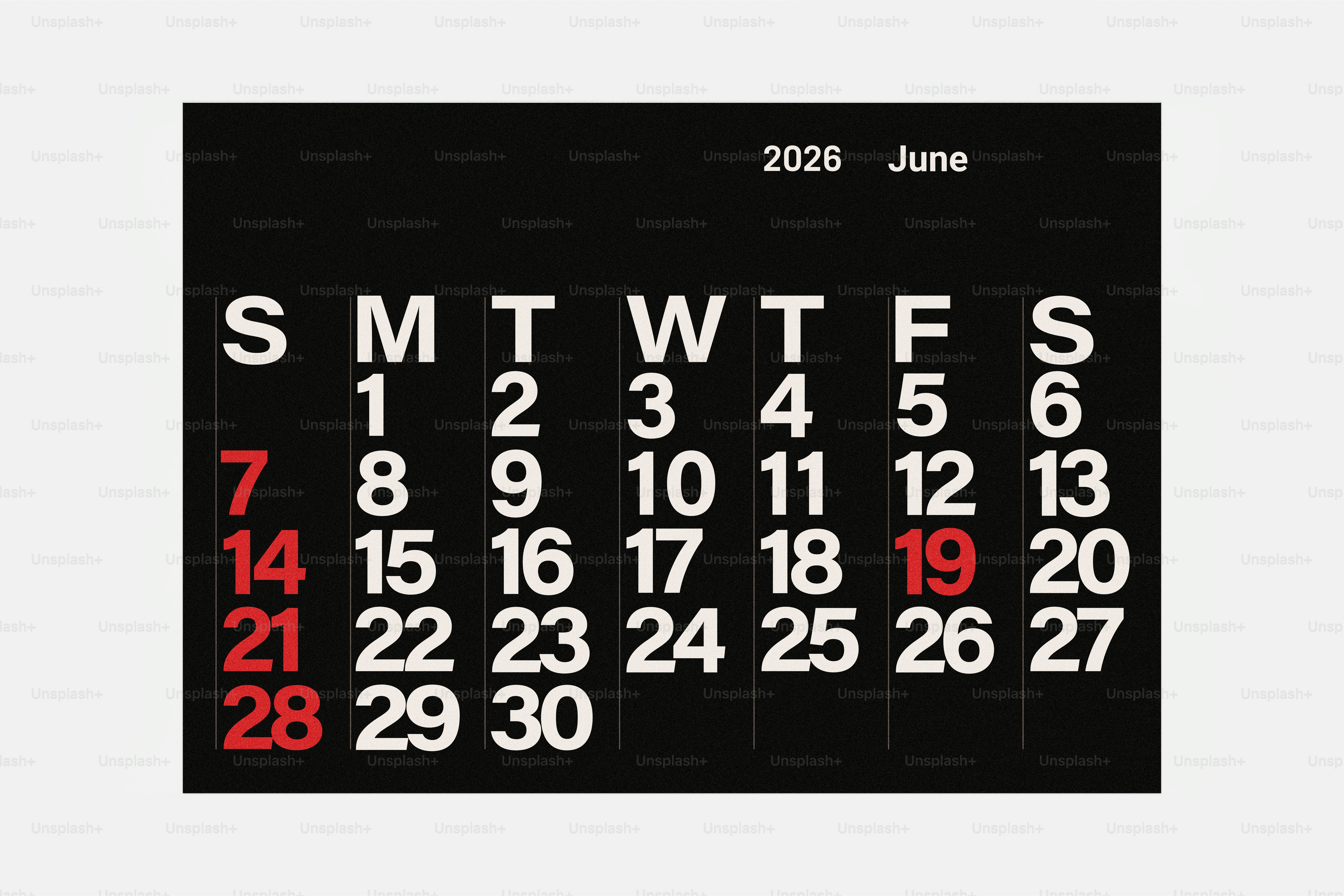 June 2020 calendar on black background