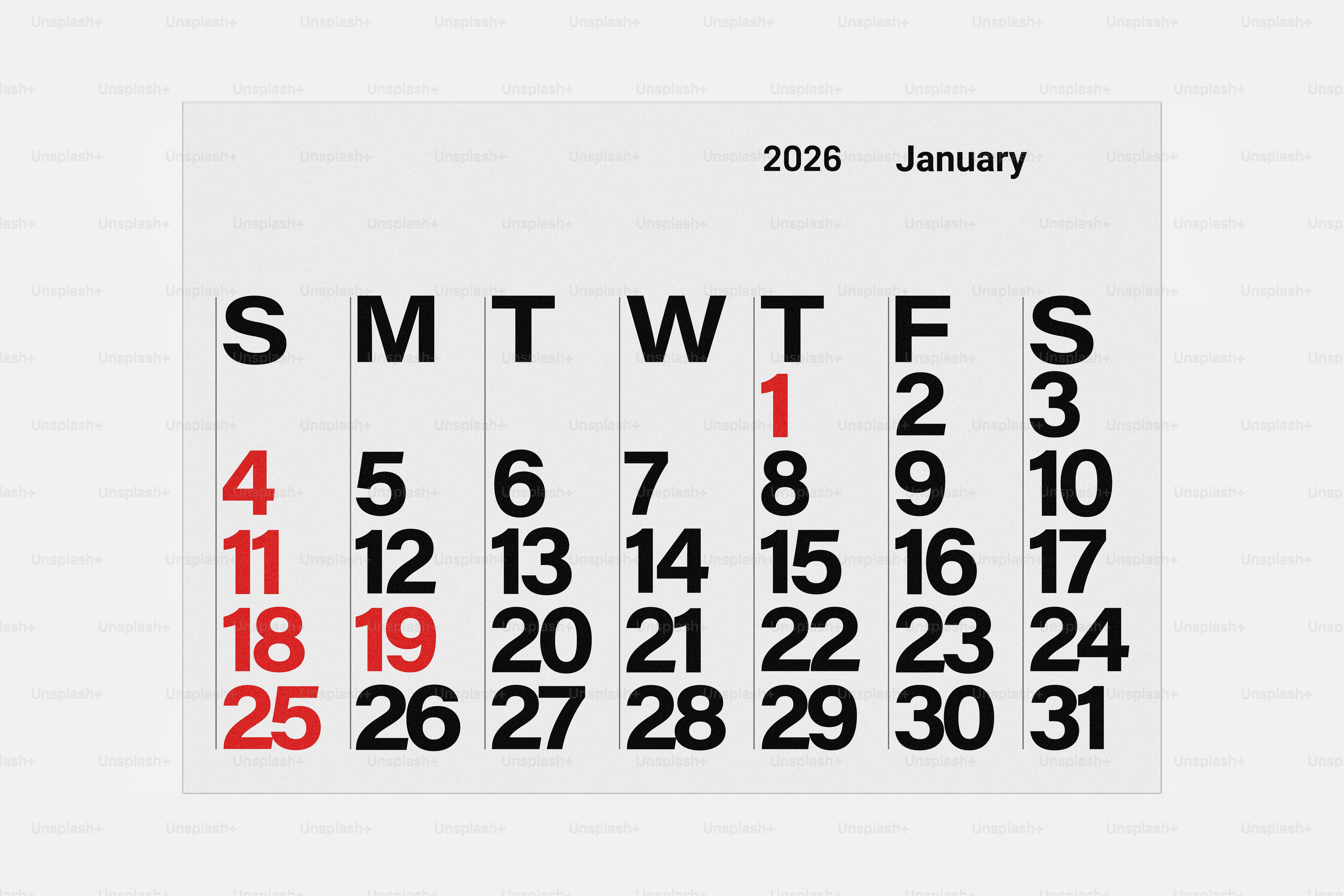 Calendrier de janvier 2026 avec dates surlignées en rouge.