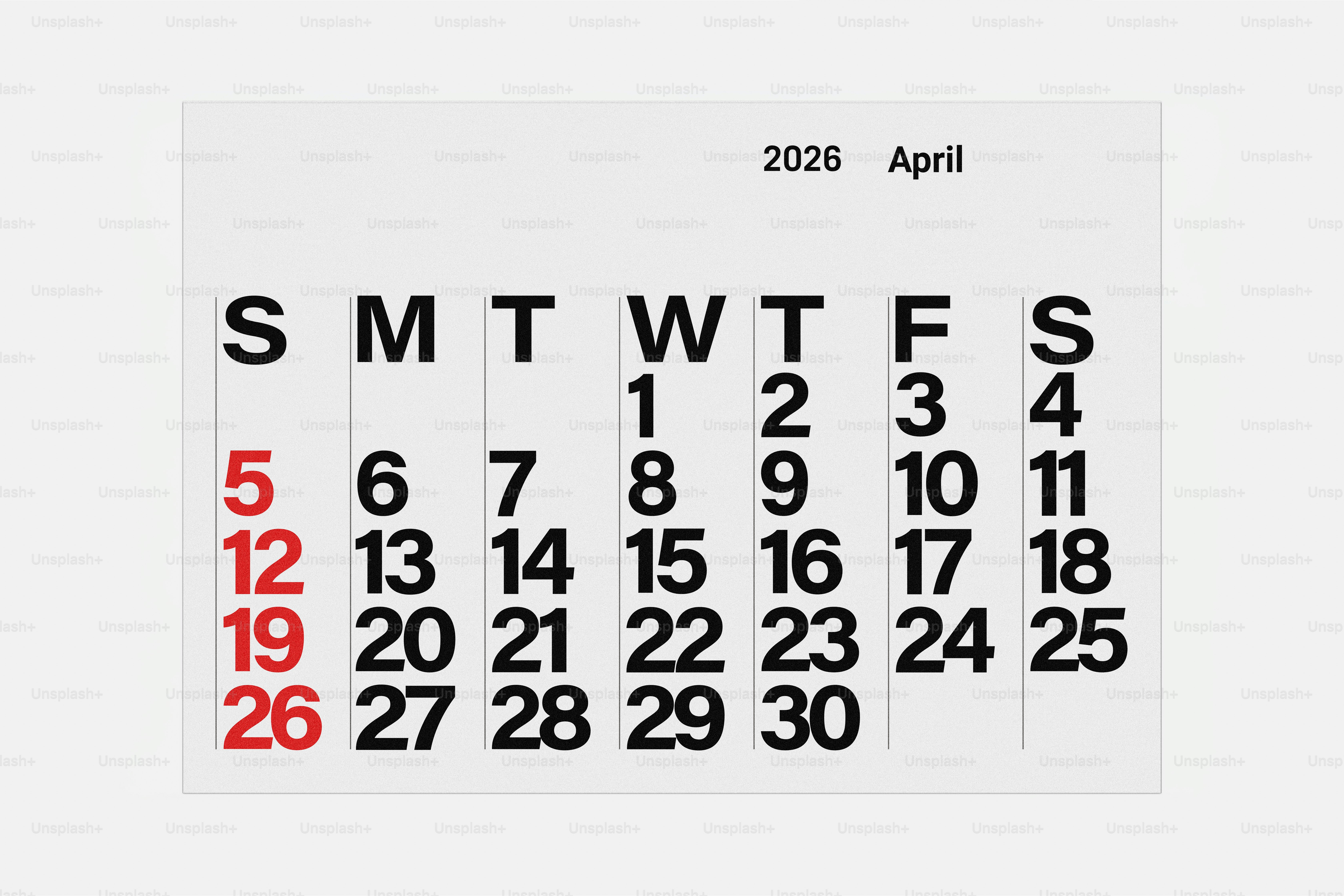 Calendar page for april 2020 with red sundays.