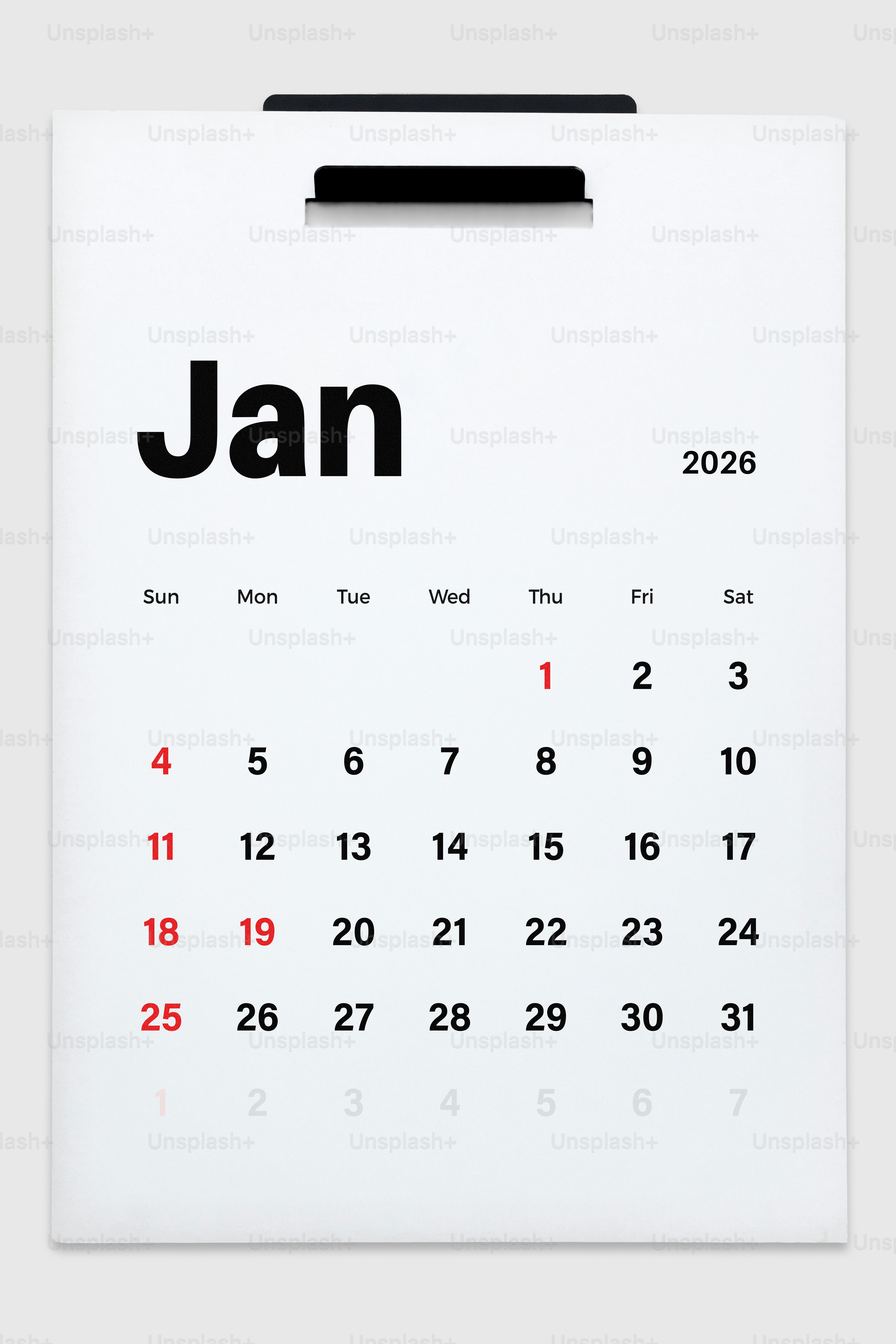 Page du calendrier de janvier 2026 avec les jours mis en évidence.