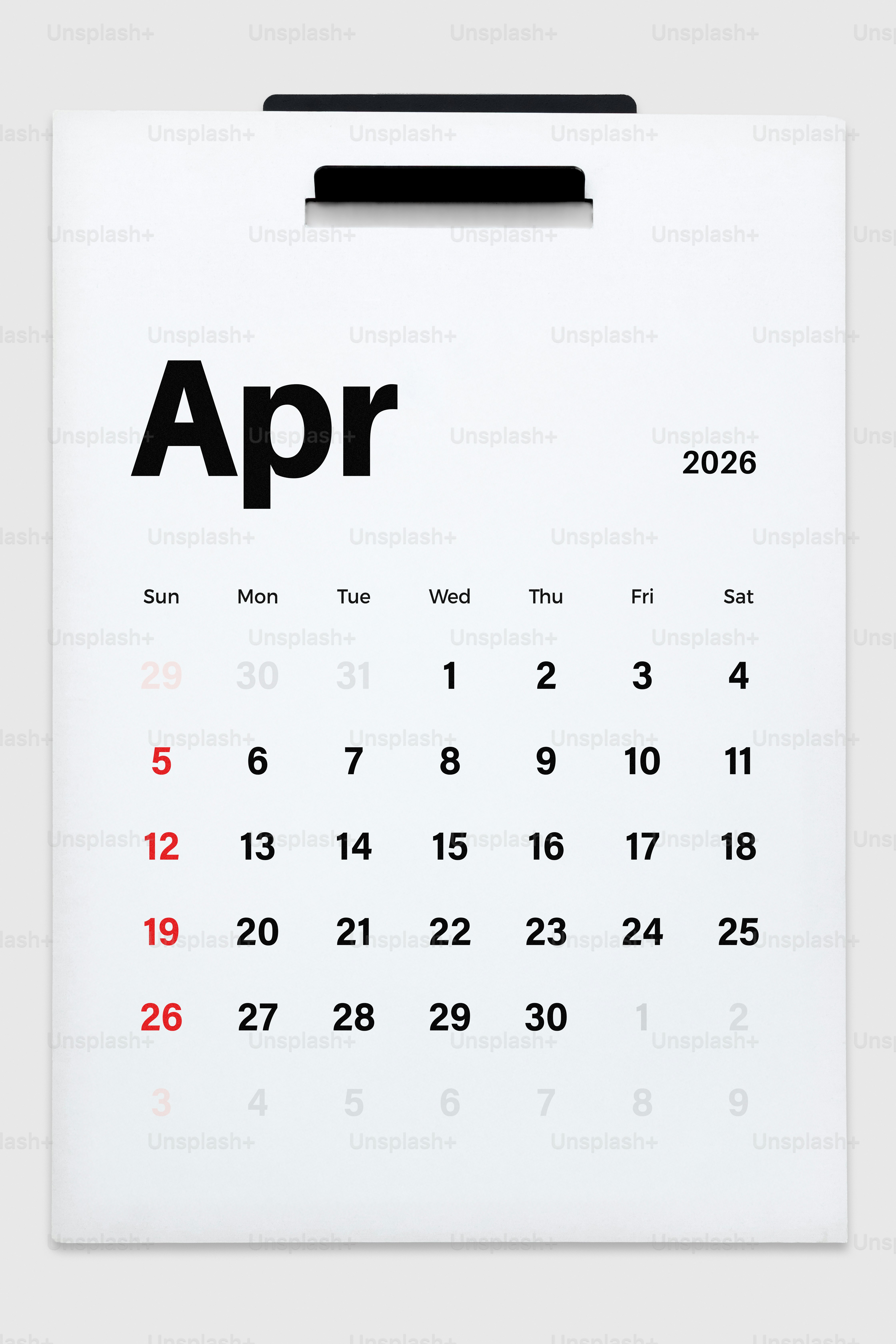 Page du calendrier d’avril 2026 avec jours en surbrillance