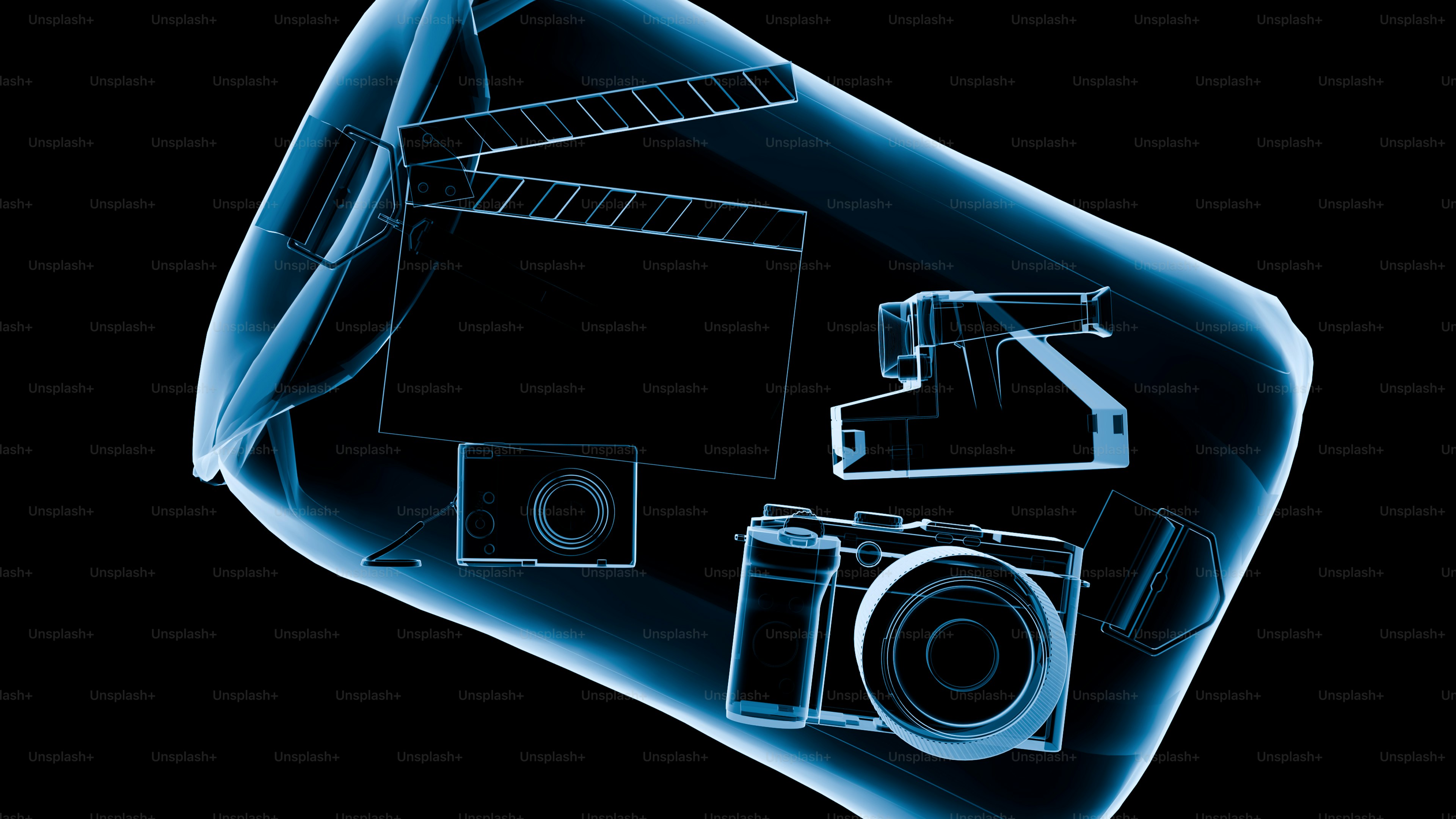 X-ray of filmmaking and photography equipment in a bag