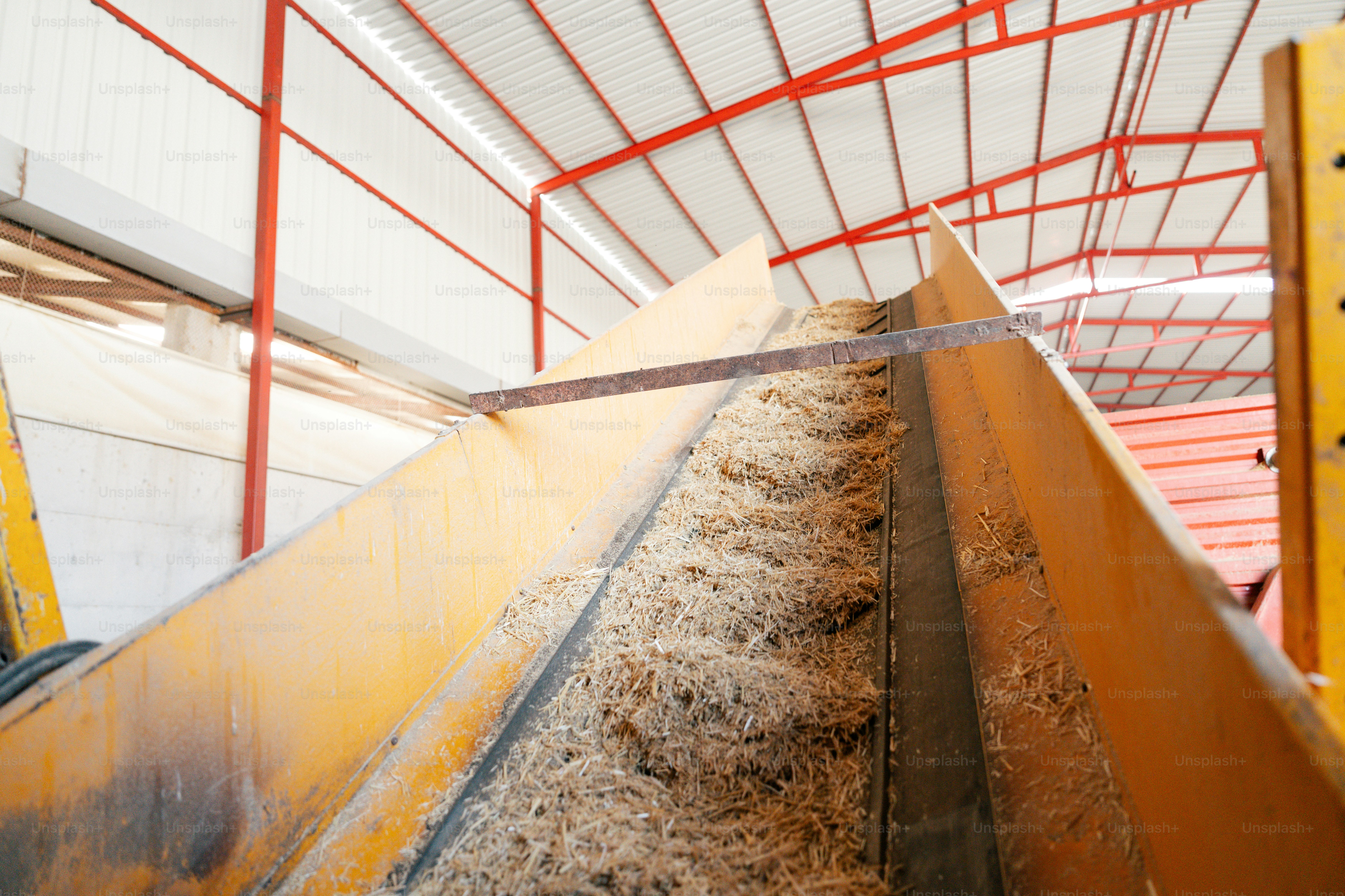 Virutas de madera en una cinta transportadora dentro de una fábrica.