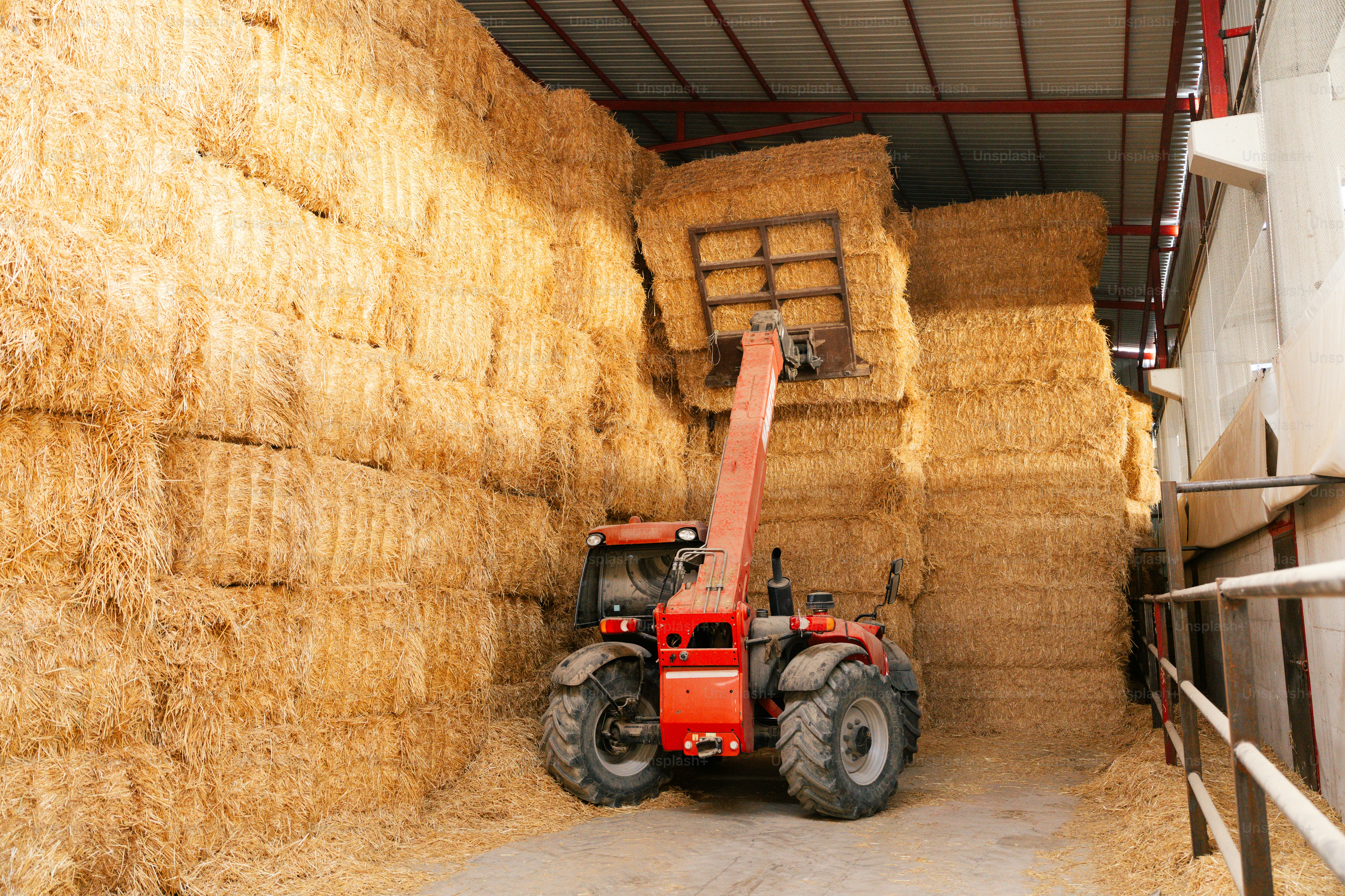 Forklift stacking hay bales inside a barn.