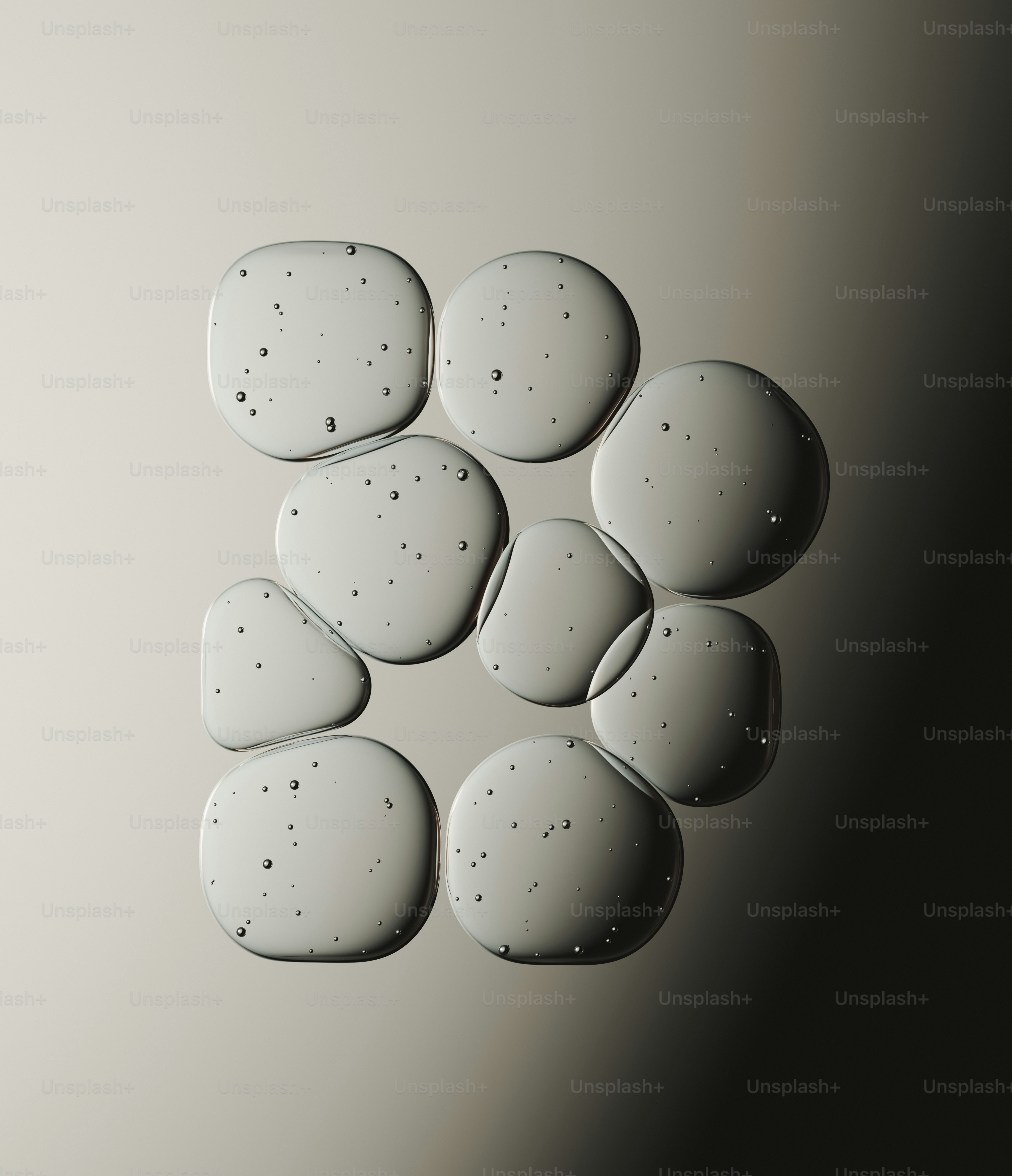 Cluster of clear liquid droplets with tiny bubbles